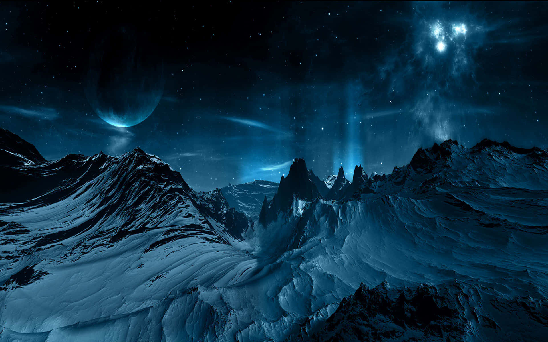 風景 桌布 壁紙 — 白雪覆蓋的山脈，在繁星點點的夜空下，伴隨著發光的極光和遙遠的行星。