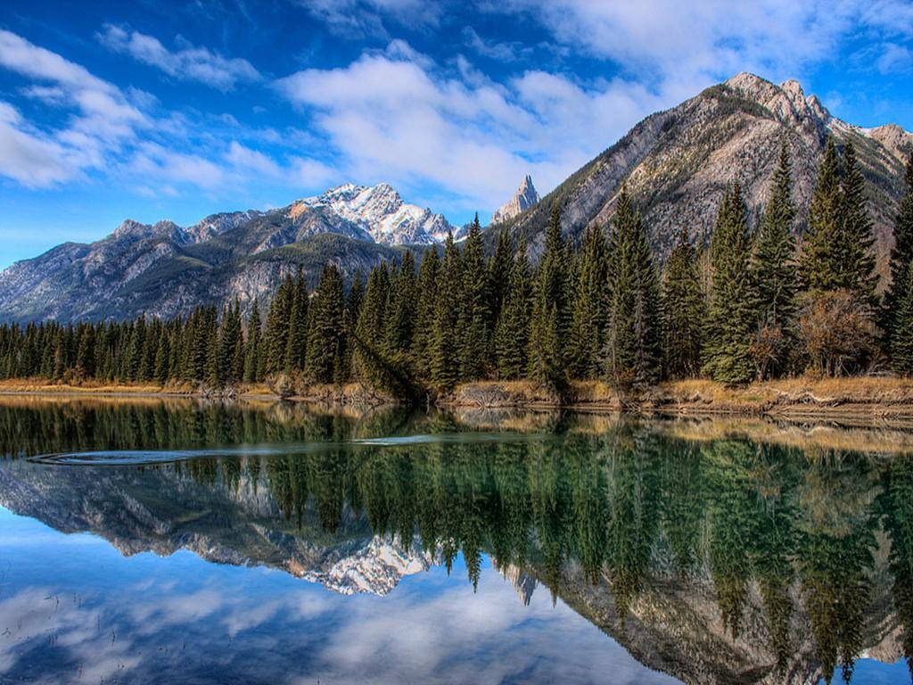 山景 桌布 壁紙 — 白雪覆蓋的山脈和常綠樹木在平靜的湖面上完美倒映，天空湛藍，白雲朵朵。