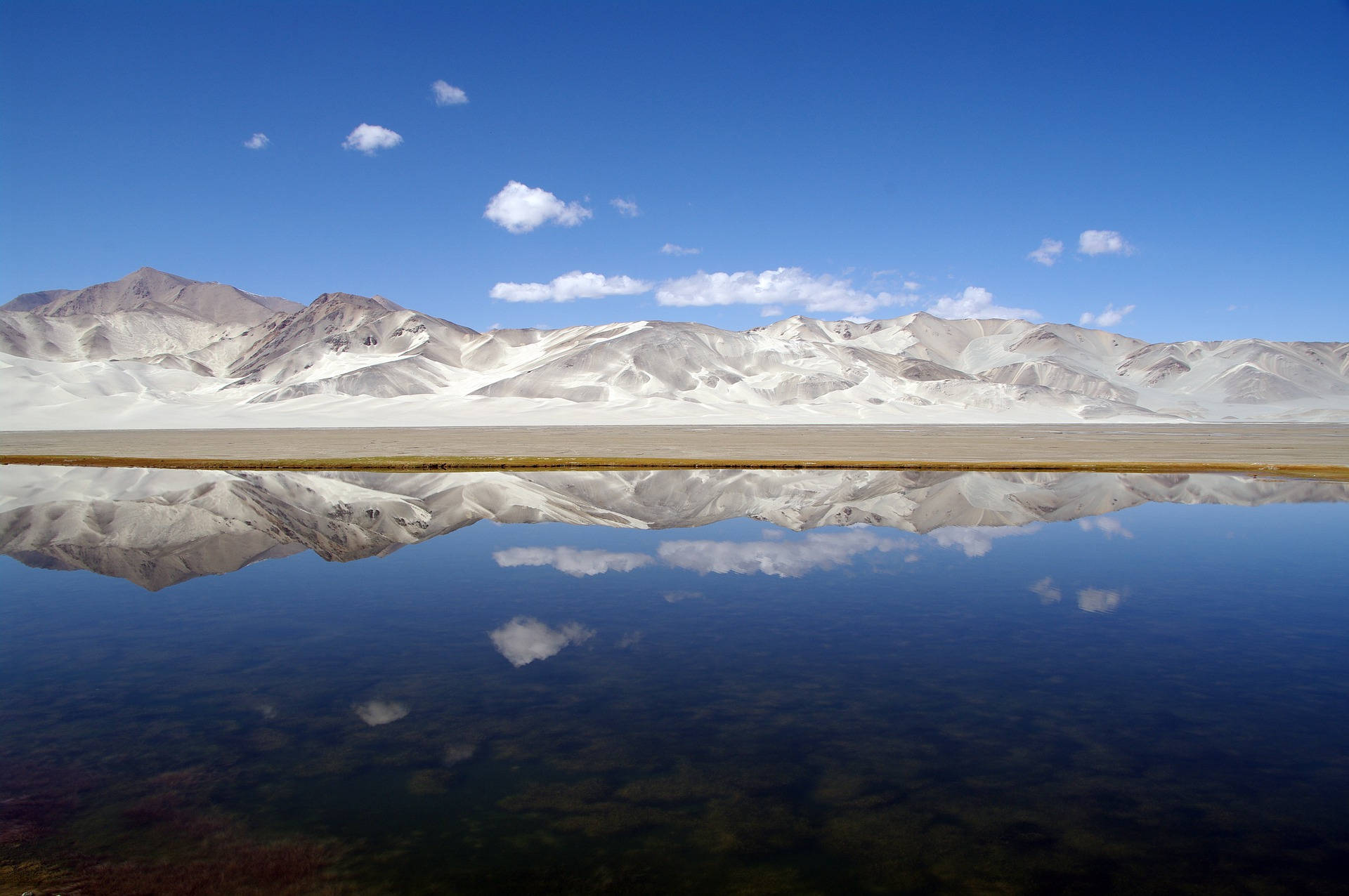 Tajikistan 桌布 壁紙 — 白雪覆蓋的山脈在晴朗藍天和零星雲朵下，完美倒映在平靜的湖面上。