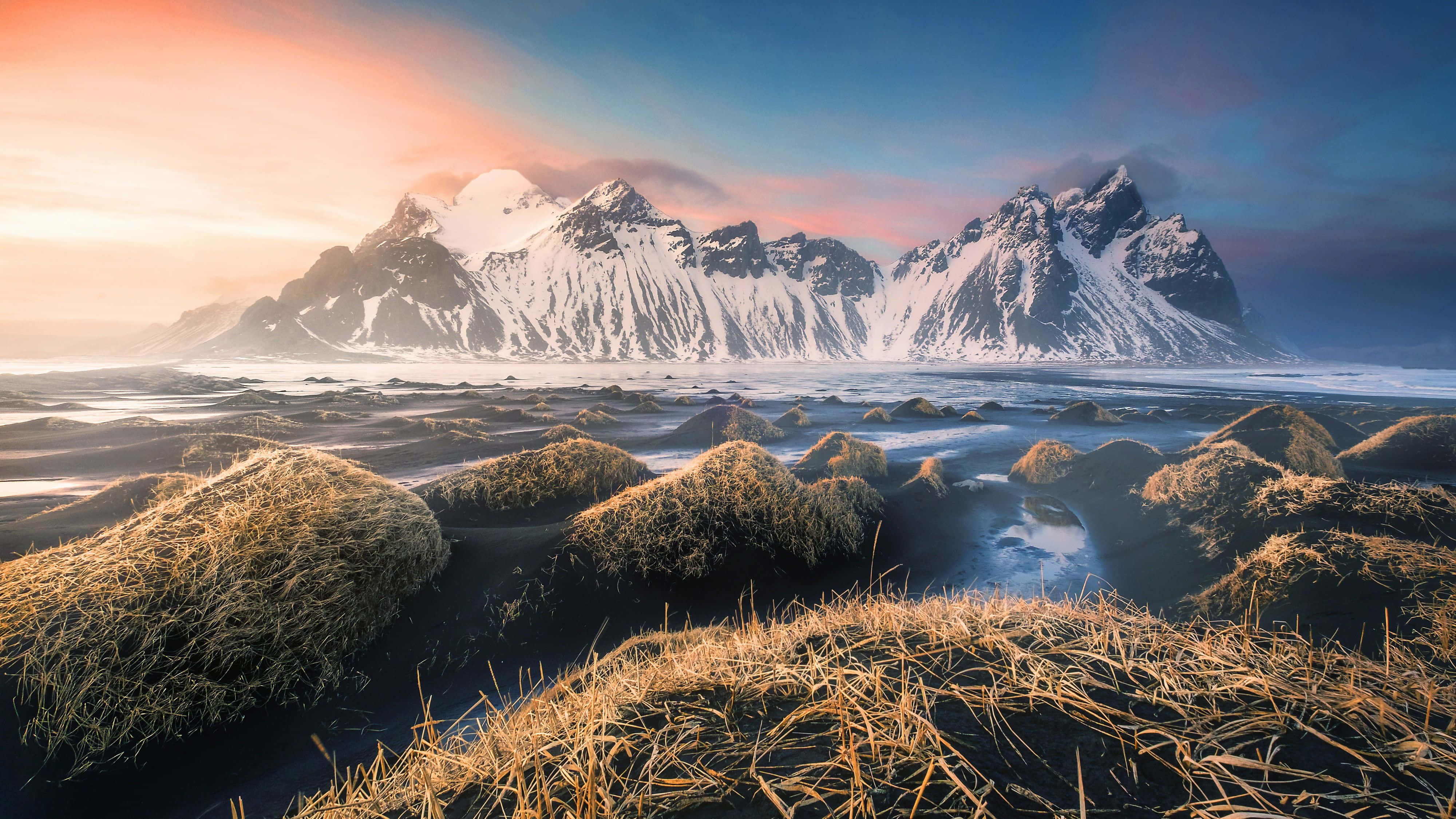 Iceland Desktop 桌布 壁紙 — 白雪覆蓋的山脈在黑色沙灘後方雄偉地聳立，金色的草在充滿活力的日出天空下閃耀。
