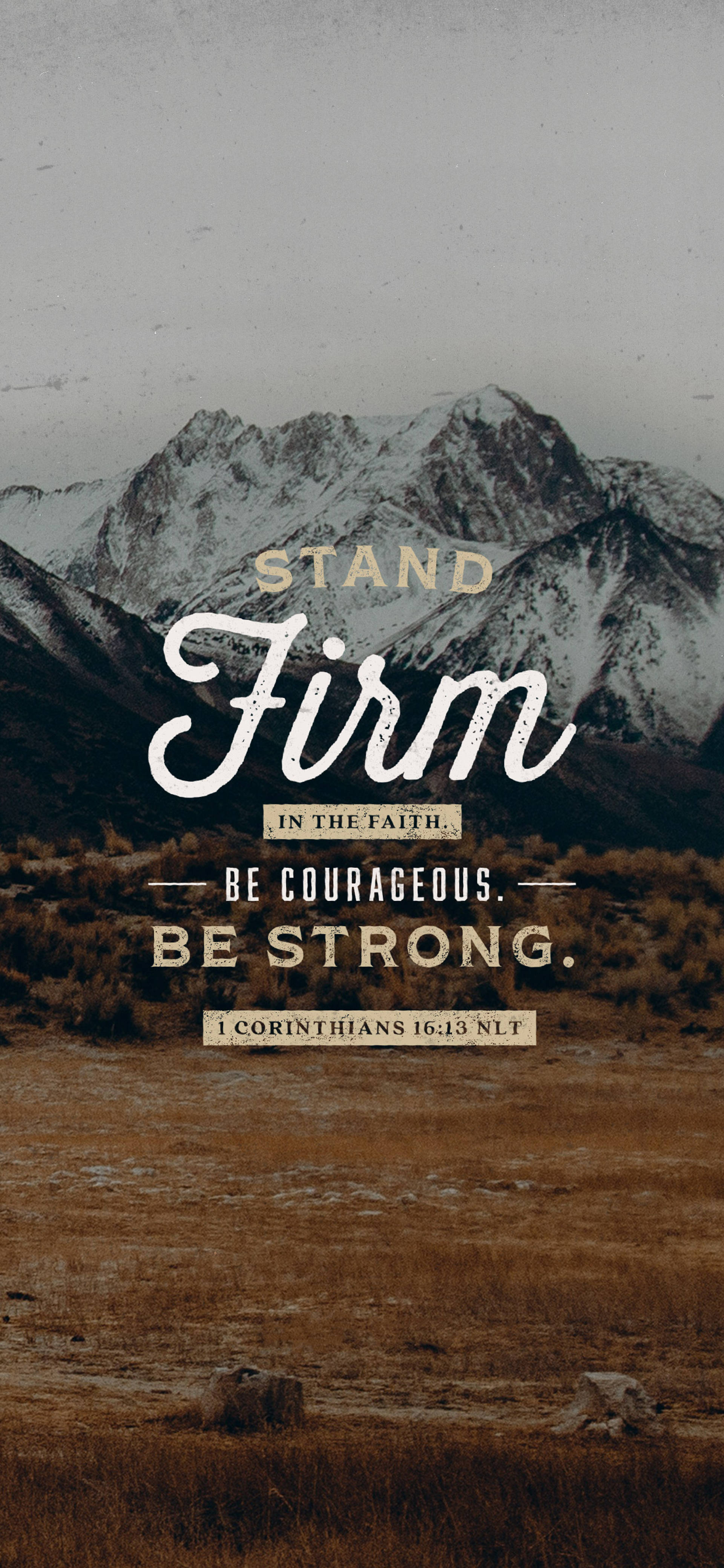 Bible Quotes 桌布 壁紙 — 白雪覆蓋的山脈在鼓舞人心的粗體文字後方升起，呼籲勇氣和力量，前景是柔和的大地色調。
