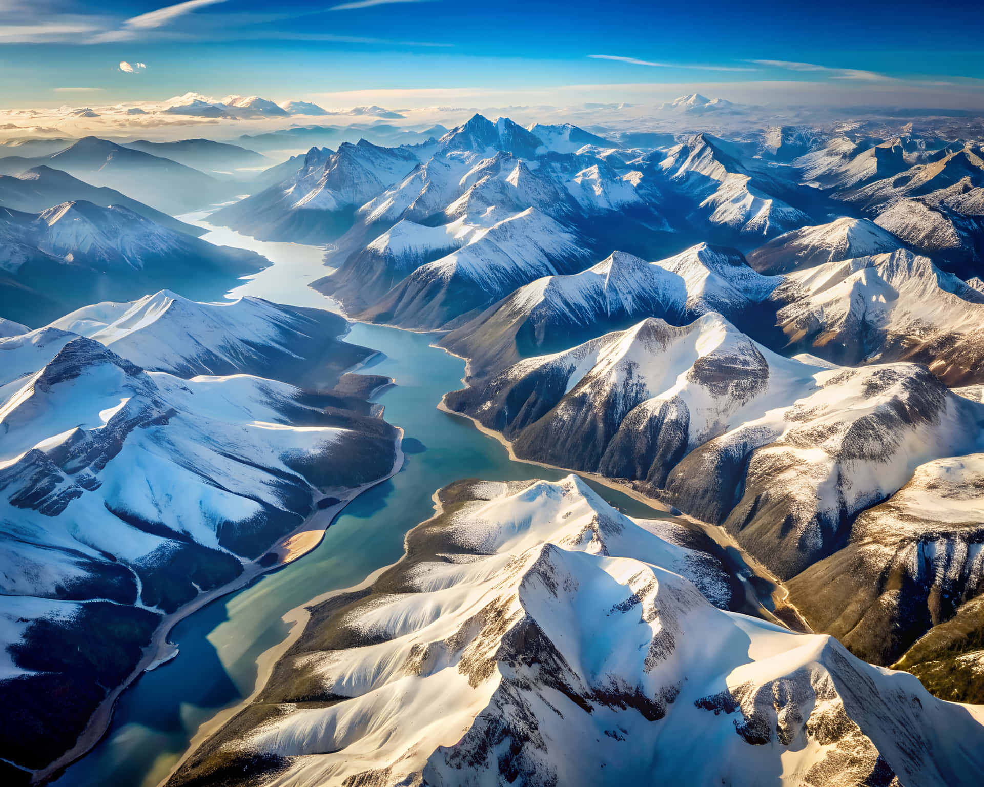 Aerial view of mountains with snow 壁紙 — 白雪覆蓋的山脈鳥瞰圖，一條蜿蜒的碧綠河流在崎嶇的山峰間穿過，天空湛藍清澈。