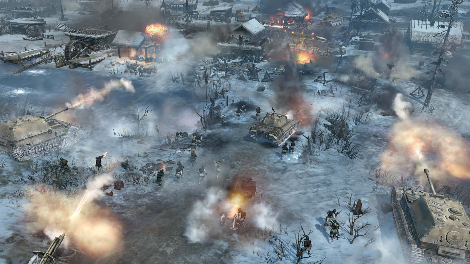 Company Of Heroes 2 桌布 壁紙 — 白雪覆蓋的戰場，坦克和士兵在燃燒的建築物和爆炸中戰鬥。