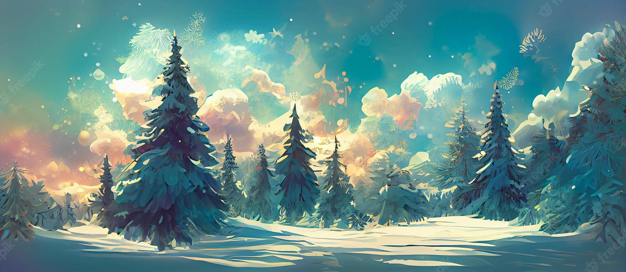 聖誕節 桌布 壁紙 — 白雪覆蓋的松樹在充滿活力的暮色天空下高聳，天空中有柔軟的雲朵和飄落的雪花。