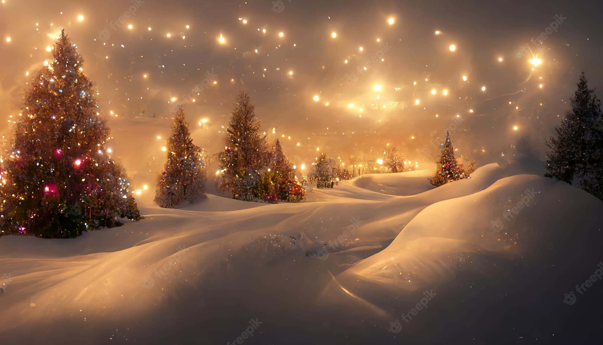 Winter Christmas Desktop 桌布 壁紙 — 白雪覆蓋的松樹在充滿閃爍粒子的神奇金色天空下，閃耀著節日燈光。