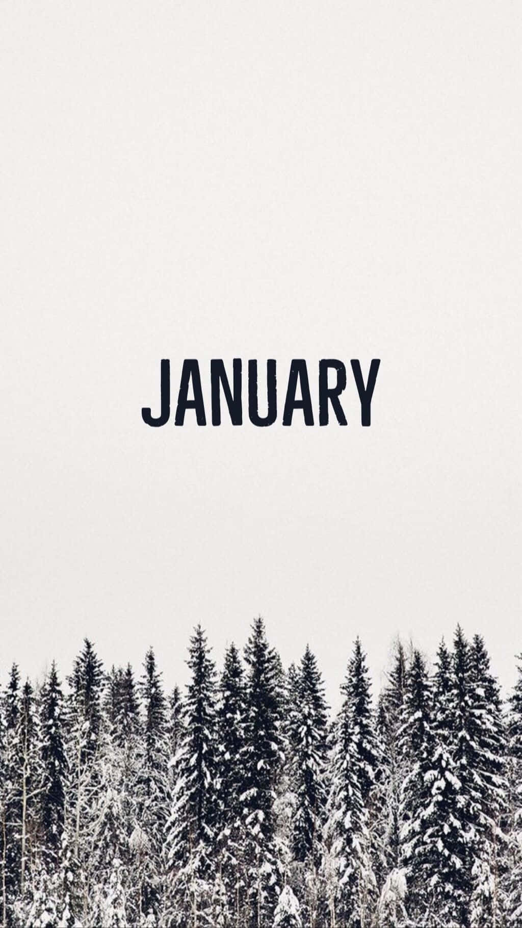 積雪的松樹在蒼白天空下，中央是「january」一詞。 — 一月 GIF 壁紙