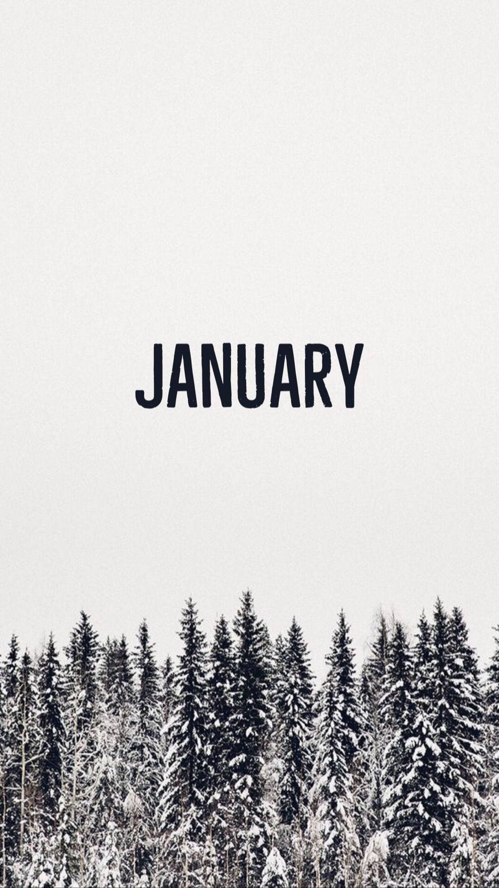 一月 桌布 壁紙 — 白雪覆蓋的松樹在蒼白的冬日天空下伸展，上方中央有「january」一詞。
