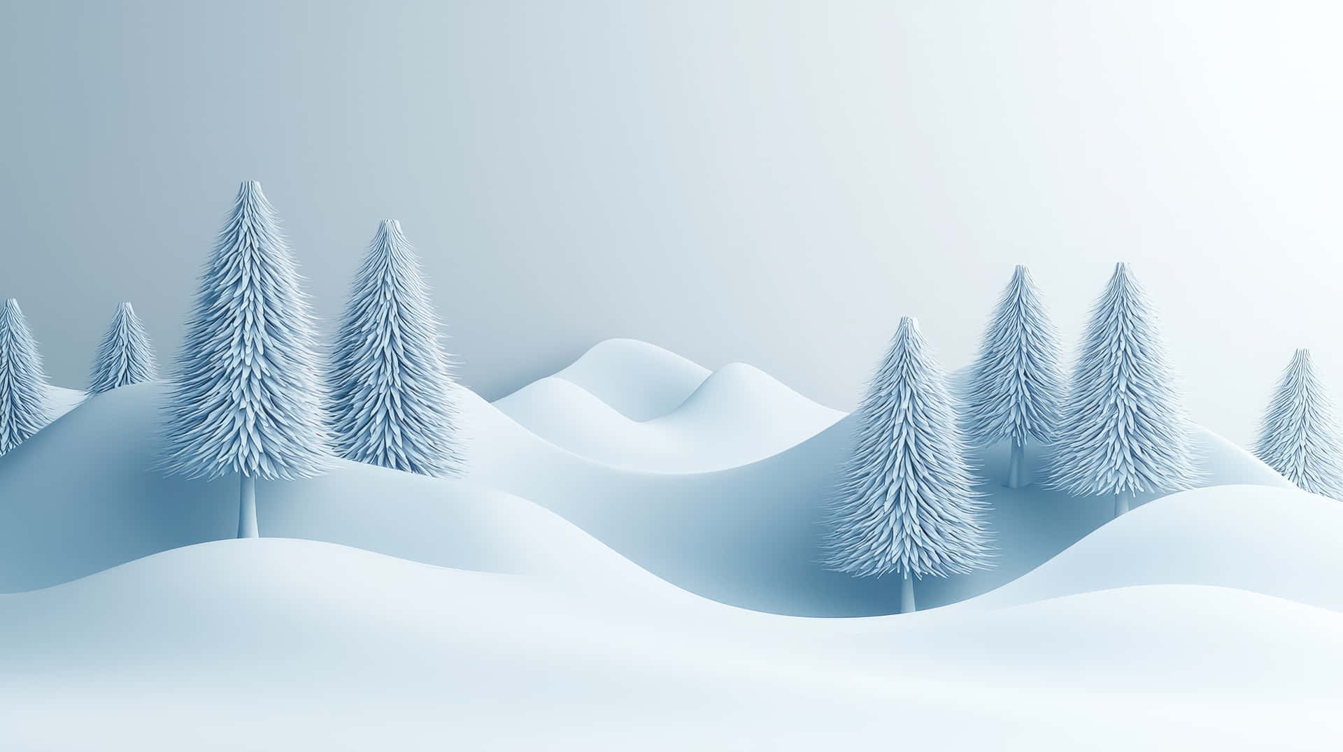 A serene winter landscape with soft snow-covered hills and stylized pine trees 壁紙 — 白雪覆蓋的松樹矗立在柔和起伏的山丘上，天空是柔和的淡藍色冬日天空。