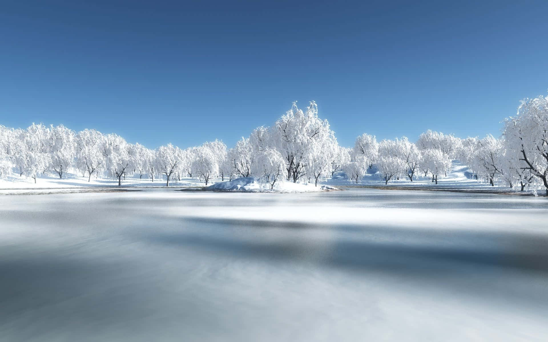 Frozen Lake 桌布 壁紙 — 白雪覆蓋的樹木在晴朗的藍天下，矗立在霧氣瀰漫的冰凍湖面上。