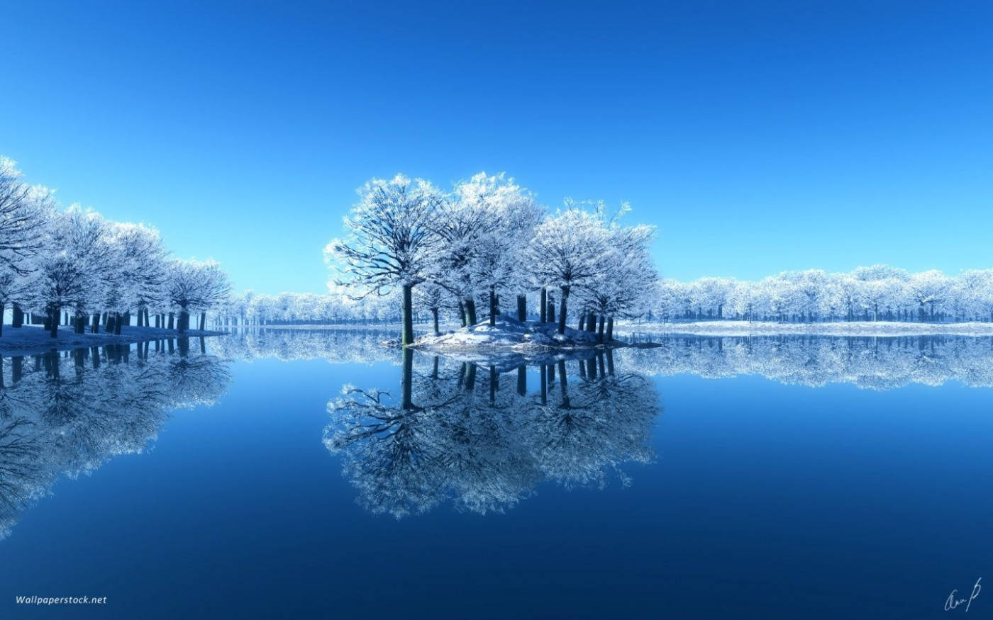 森林 桌布 壁紙 — 白雪覆蓋的樹木站在結冰的湖面上，天空清澈湛藍，完美鏡面倒影。