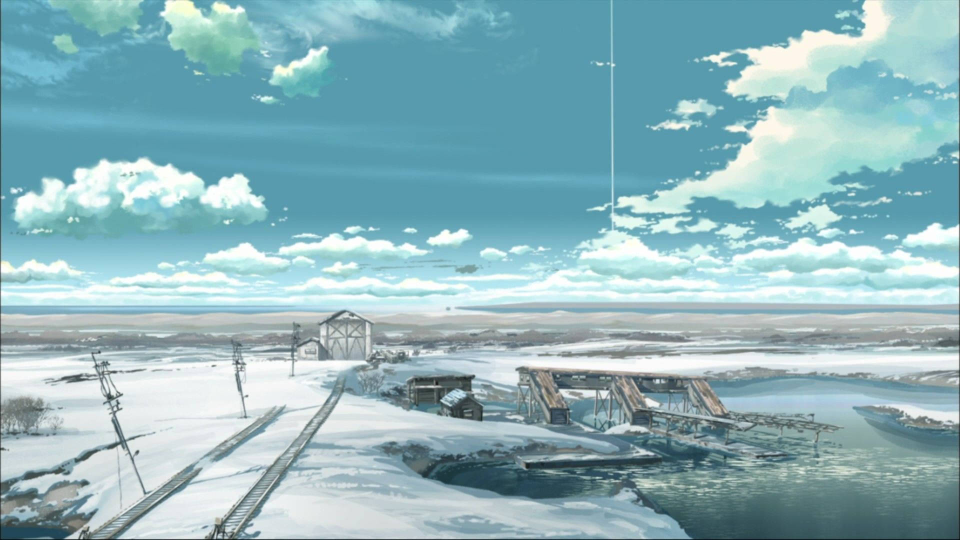 動畫風景動圖 桌布 壁紙 — 白雪覆蓋的風景，有廢棄的鐵路軌道和斷橋，在明亮的藍天下有蓬鬆的雲朵。