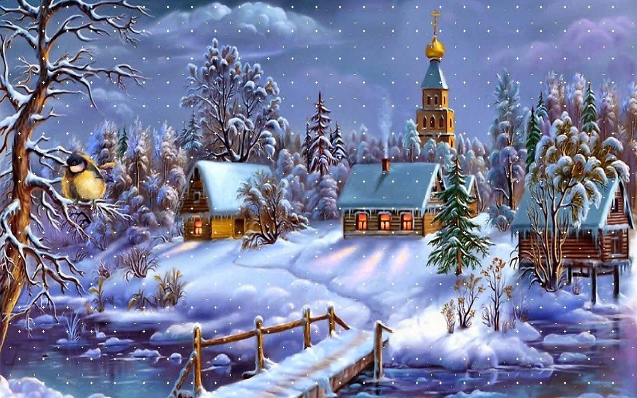 Christmas Village 桌布 壁紙 — 白雪覆蓋著一個寧靜的冬季村莊，窗戶和教堂尖塔在星空下閃閃發光。