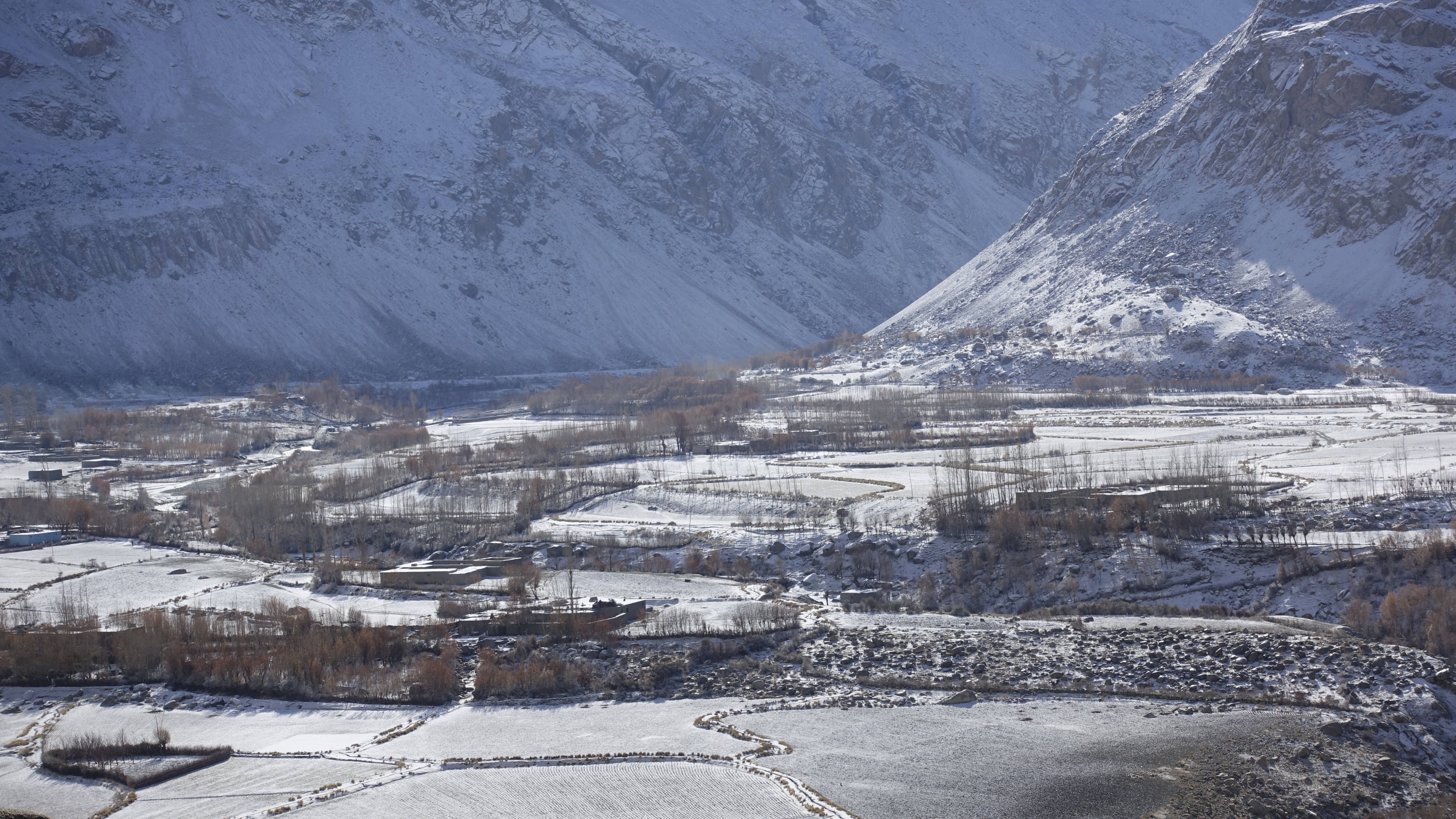 Tajikistan 桌布 壁紙 — 白雪覆蓋著一個寧靜的山谷，坐落在高聳的山峰之間，在明亮的日光下。