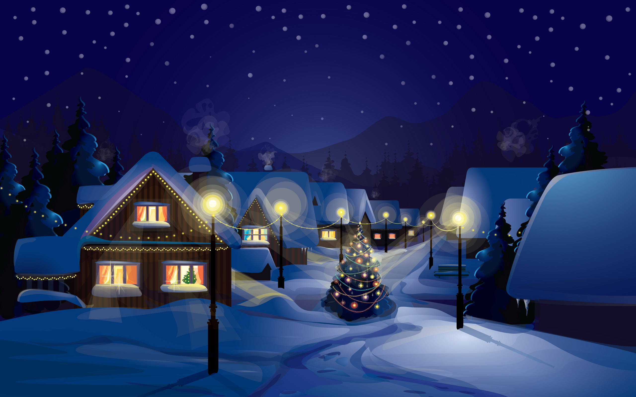 christmas holiday desktop 桌布 壁紙 — 白雪覆蓋著一個舒適的村莊夜晚，有發光的窗戶、街燈和星空下裝飾的樹木。