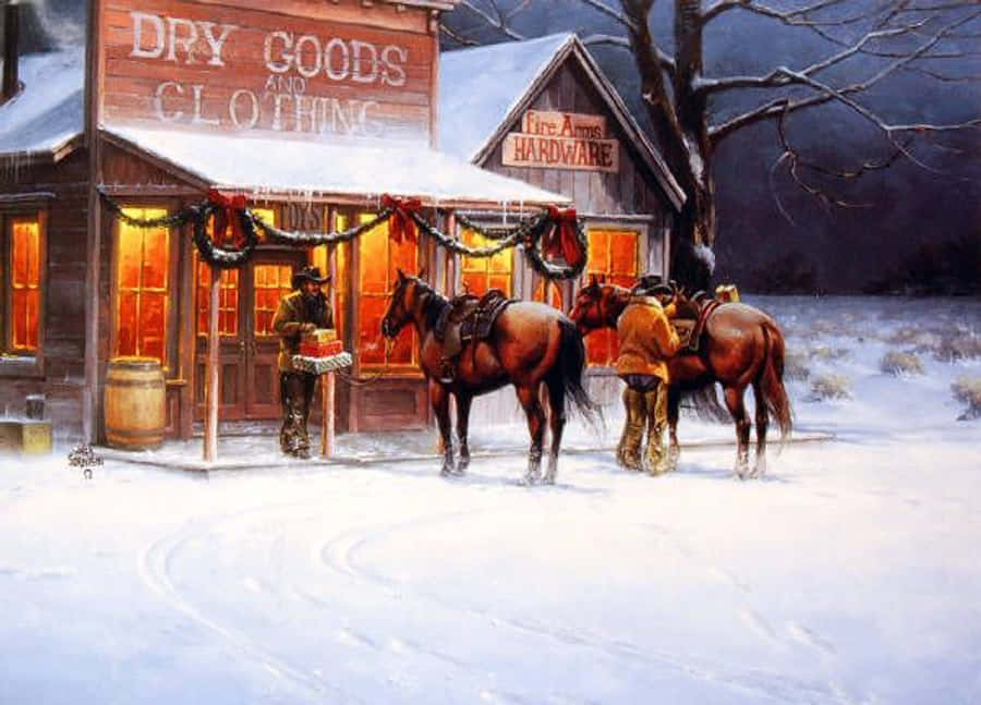 Cowboy Christmas 桌布 壁紙 — 白雪覆蓋著一個質樸的西部小鎮，黃昏時分，兩個牛仔帶著馬匹站在溫暖燈光照耀的乾貨店和五金店前。