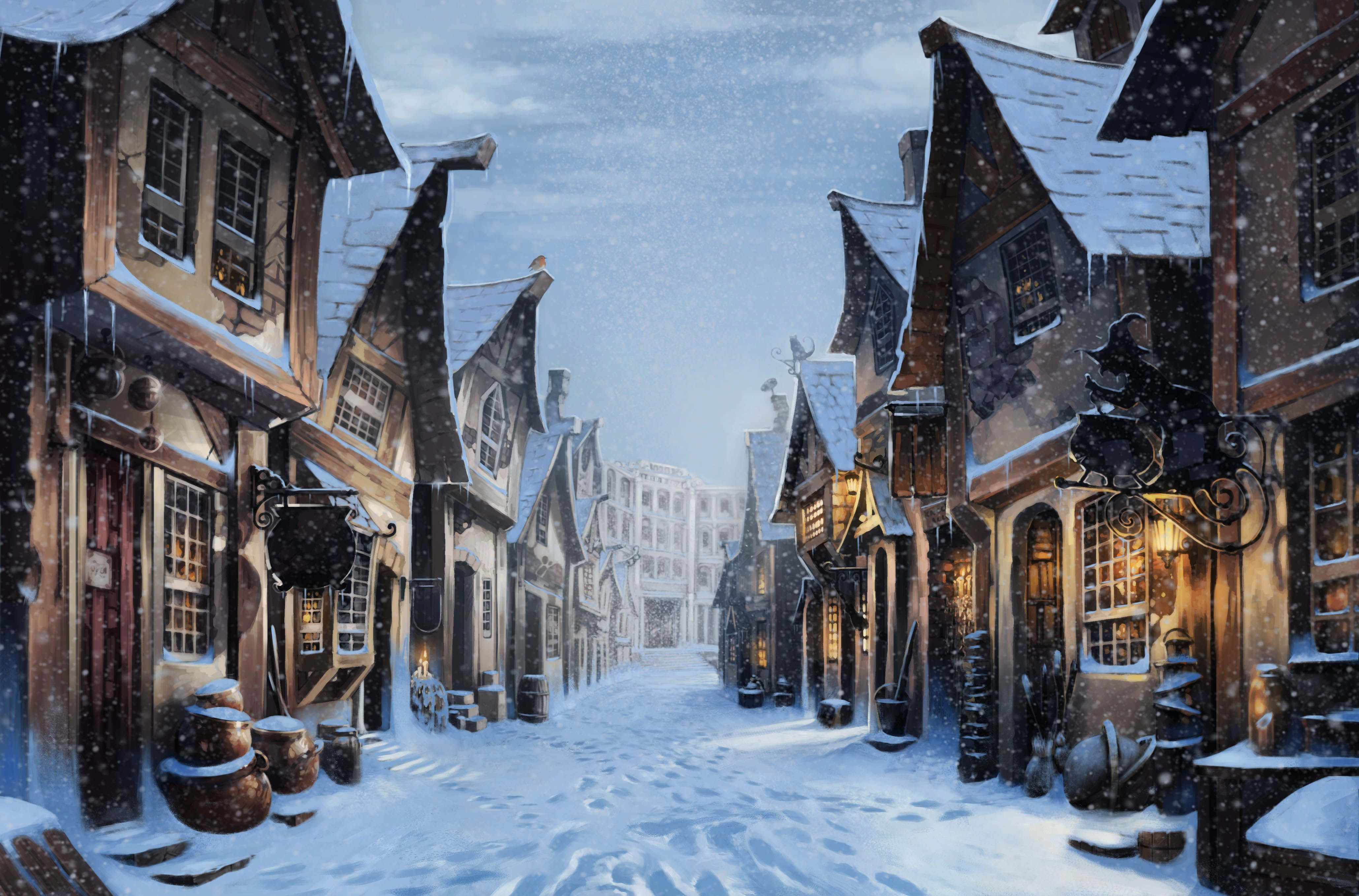 Harry Potter Christmas 桌布 壁紙 — 白雪覆蓋著一條狹窄的中世紀街道，溫暖的燈光從窗戶照向暮色天空。