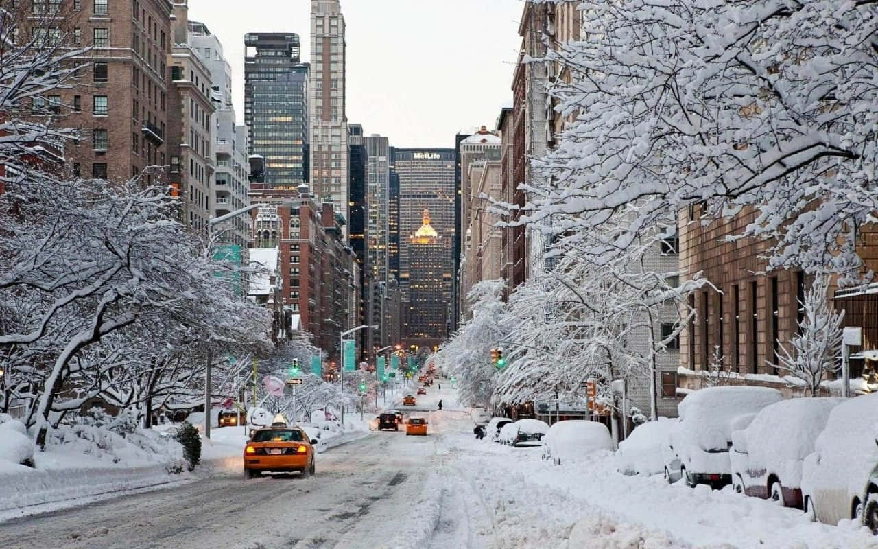 桌布 壁紙 — 白雪覆蓋著一條繁華的城市街道，高聳的建築物和黃色的計程車在冬日城市景觀中穿梭。