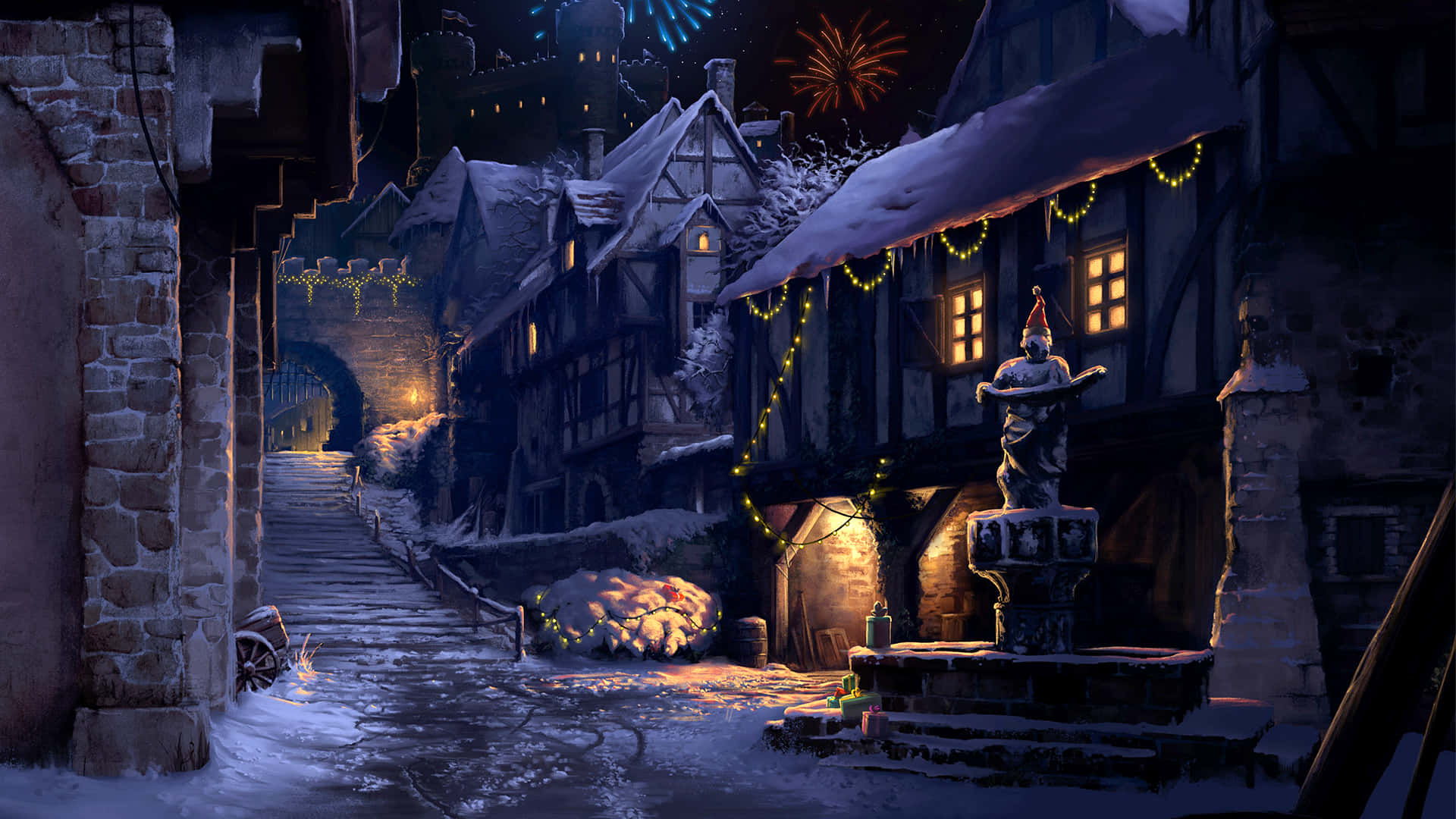 Christmas Village 桌布 壁紙 — 白雪覆蓋著一條舒適的中世紀村莊街道，夜晚溫暖的燈光和煙火照亮了節日場景。