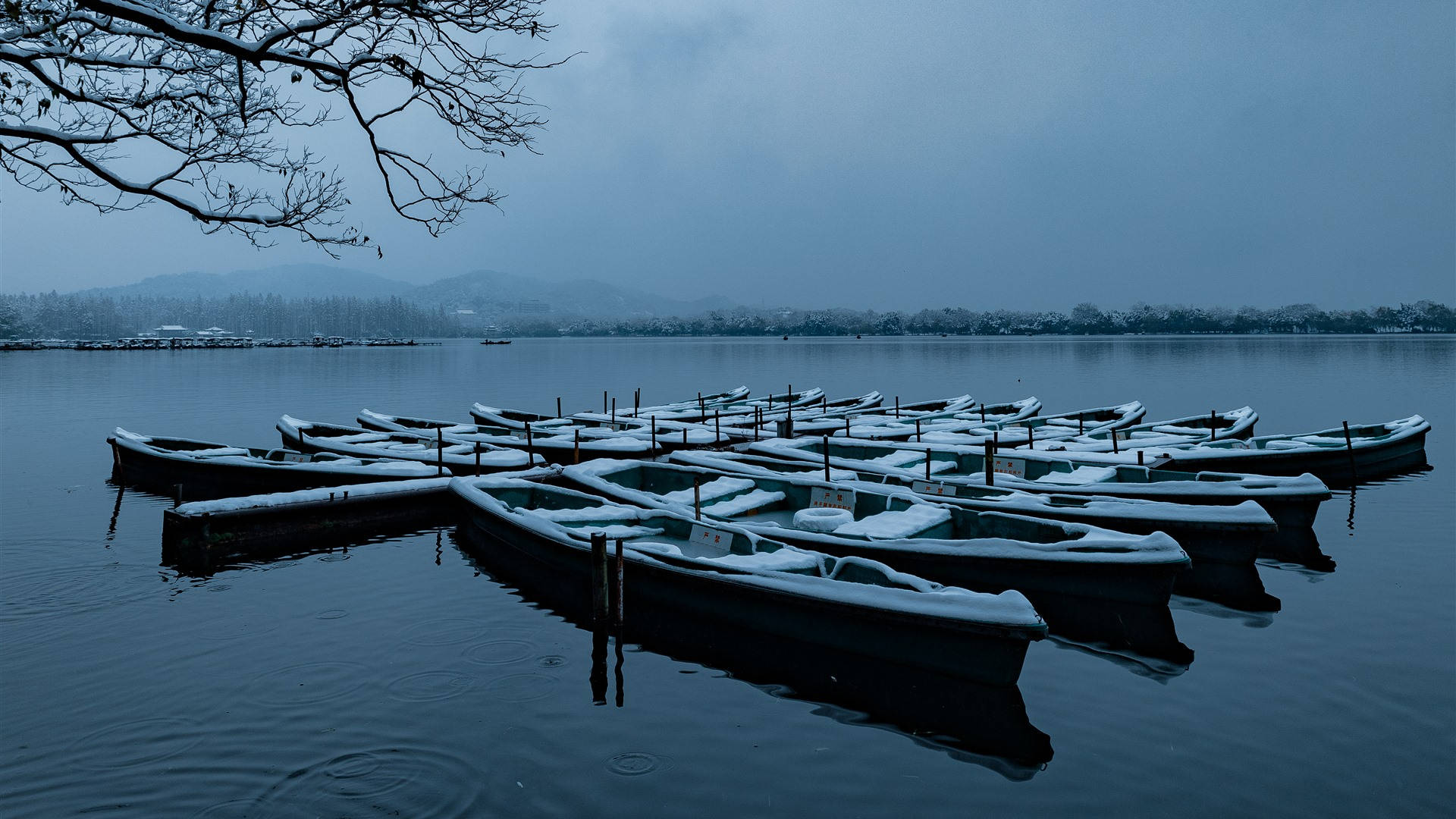 Hangzhou 桌布 壁紙 — 白雪覆蓋著停泊在寧靜湖面上的小船，頭頂上是灰色的冬日天空和光禿禿的樹枝。