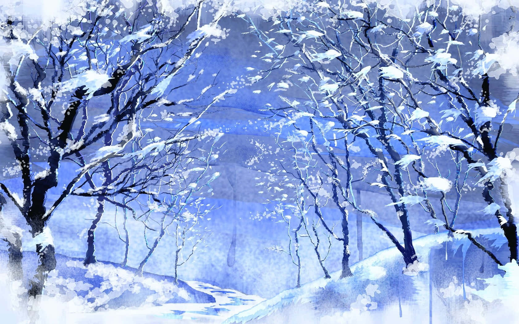 Snowy Forest 桌布 壁紙 — 白雪覆蓋著光禿禿的樹木，一片寧靜的冬日森林以清涼的藍色和白色水彩調繪製。