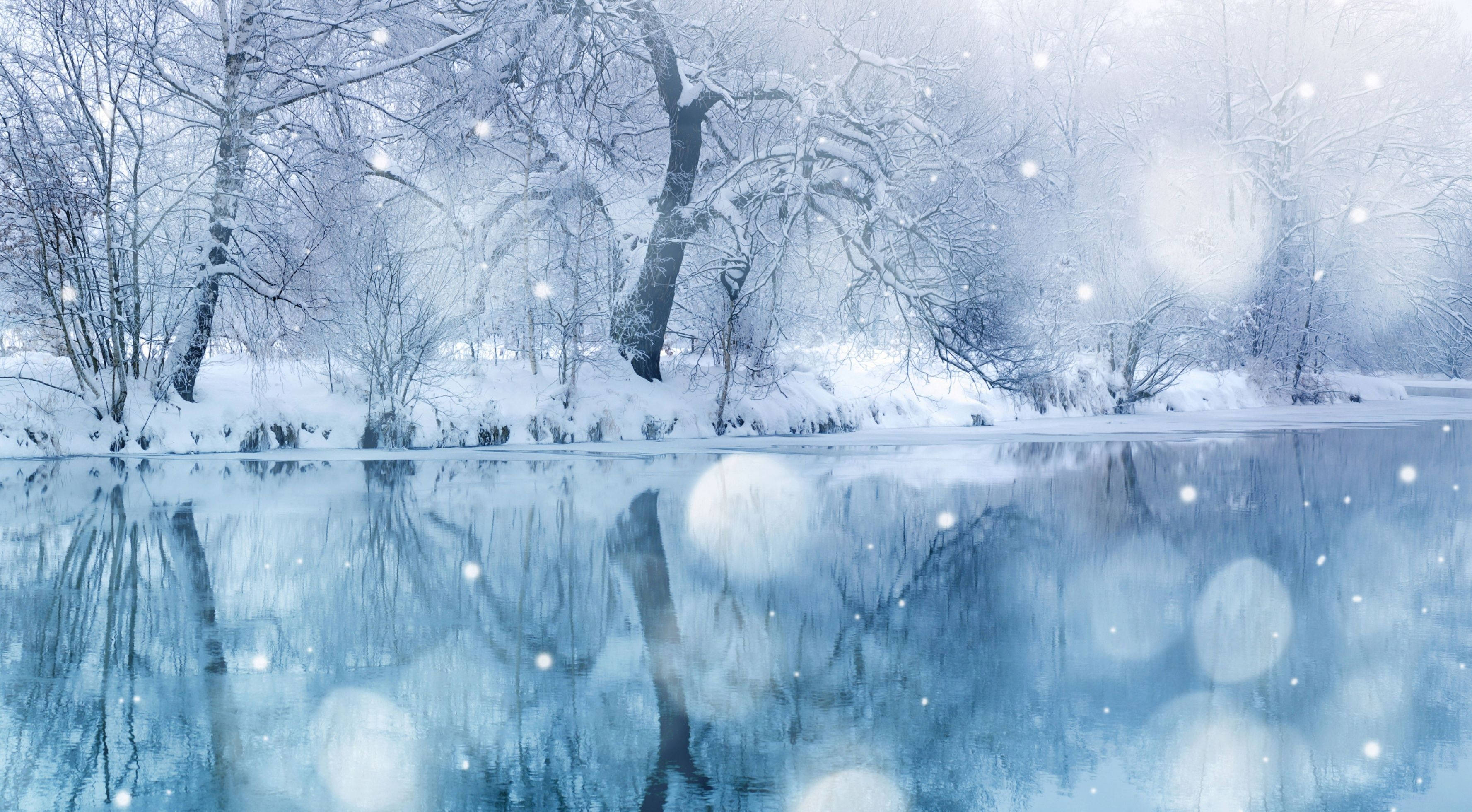 Snow Desktop 桌布 壁紙 — 白雪覆蓋著光禿禿的樹木，旁邊平靜的河流映照著飄落的雪花和柔和藍光。