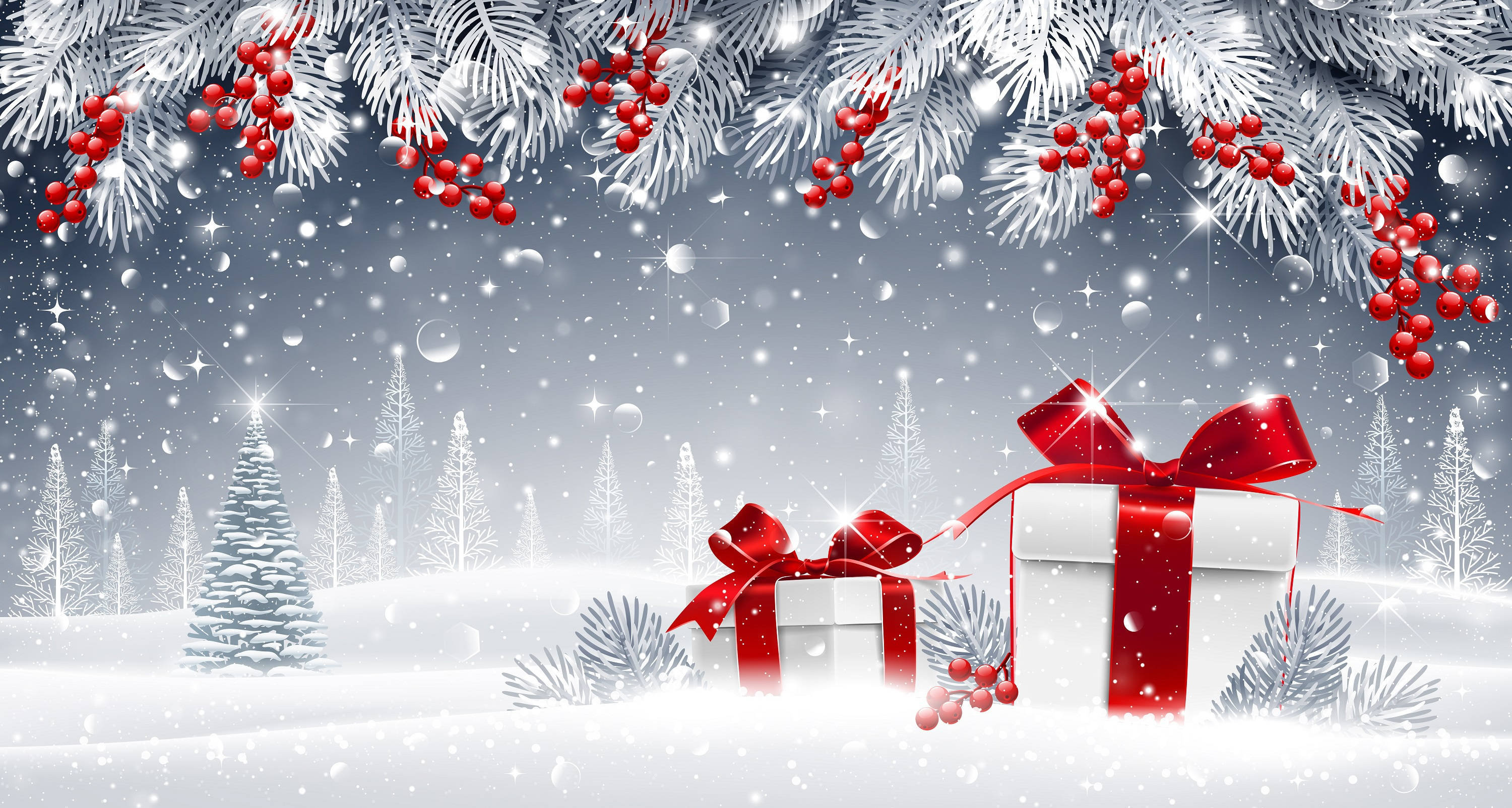 christmas holiday desktop 桌布 壁紙 — 白雪覆蓋著冬季森林，紅色禮物盒繫著蝴蝶結，放在掛滿鮮紅漿果的積雪松枝下。