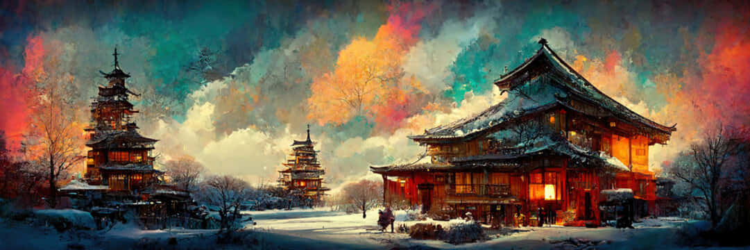桌布 壁紙 — 白雪覆蓋著古老的日本寺廟和木造建築，在充滿活力、如畫般的暮色天空下。