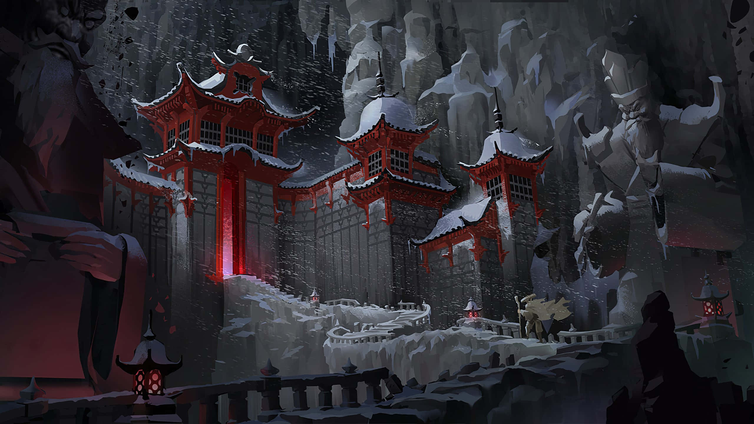Feudal Japan 桌布 壁紙 — 白雪覆蓋著古老紅色日本寺廟建築，坐落在黑暗冰冷的山洞中，有發光的燈籠。