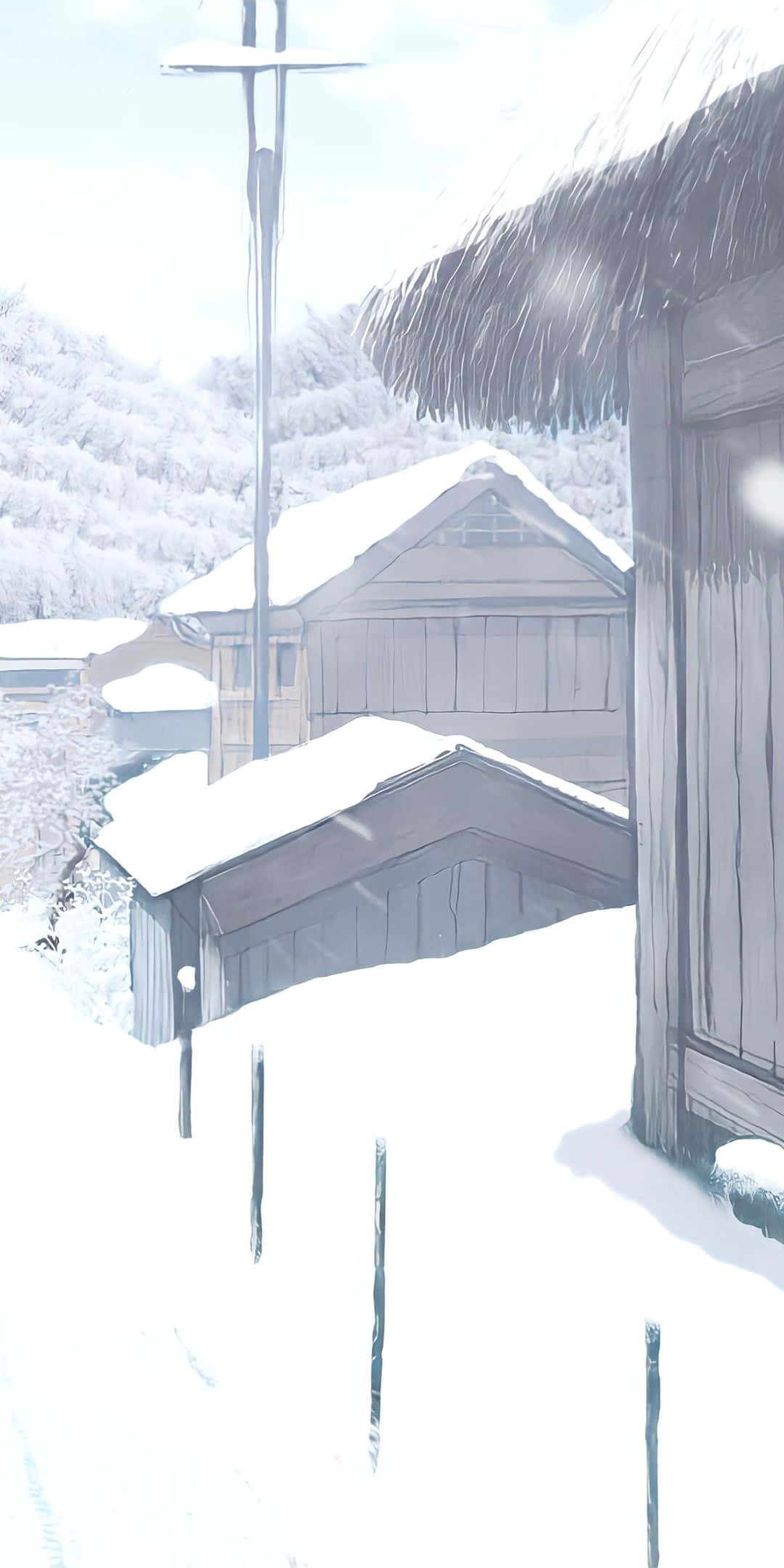 冬天 桌布 壁紙 — 白雪覆蓋著寂靜冬日村莊中的質樸木屋和樹木，天空蒼白。