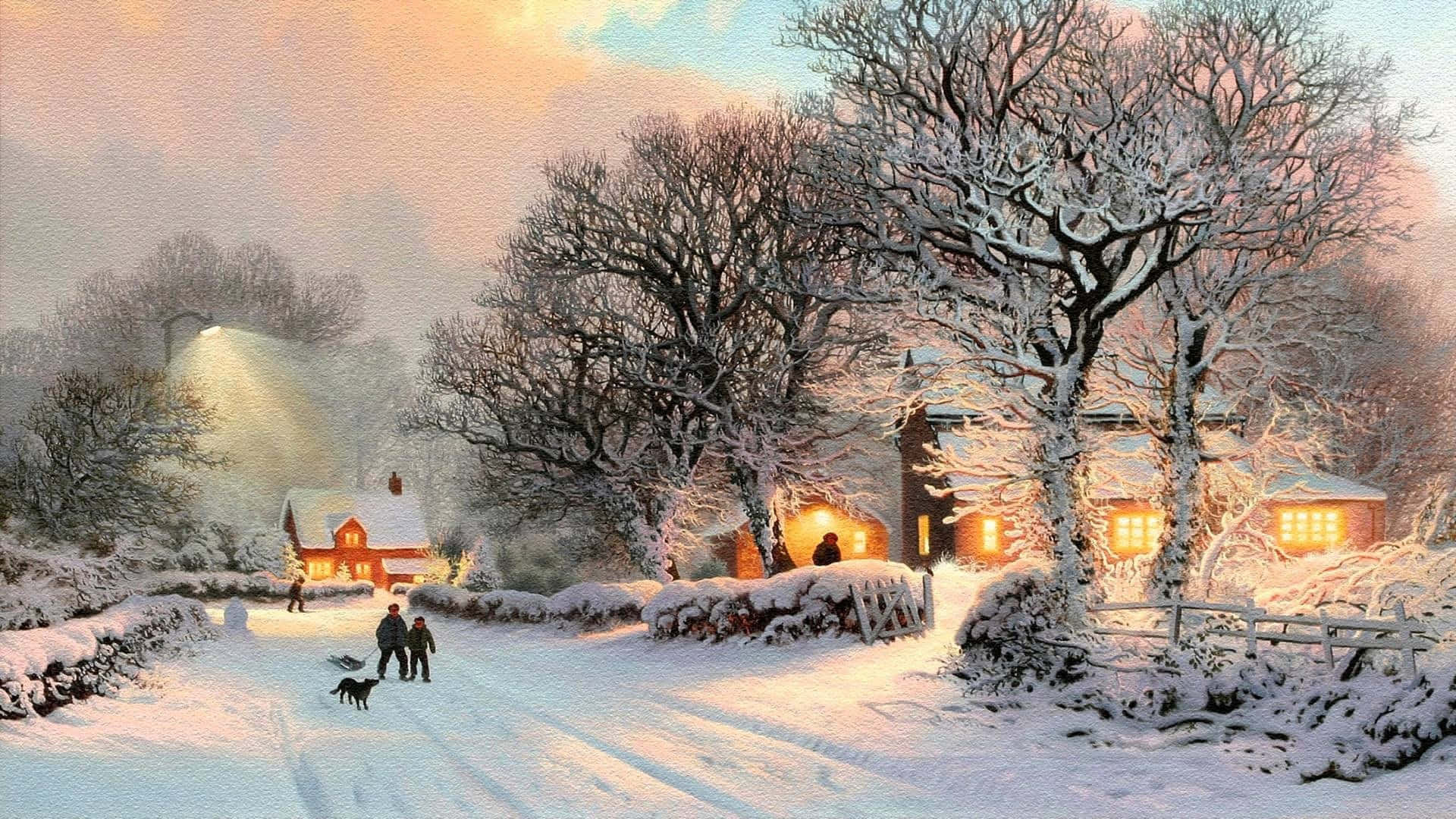 Christmas Winter Wonderland 桌布 壁紙 — 白雪覆蓋著寧靜的村莊，黃昏時分，溫暖的燈光從舒適的小屋中閃爍，人影帶著狗沿著雪徑行走。