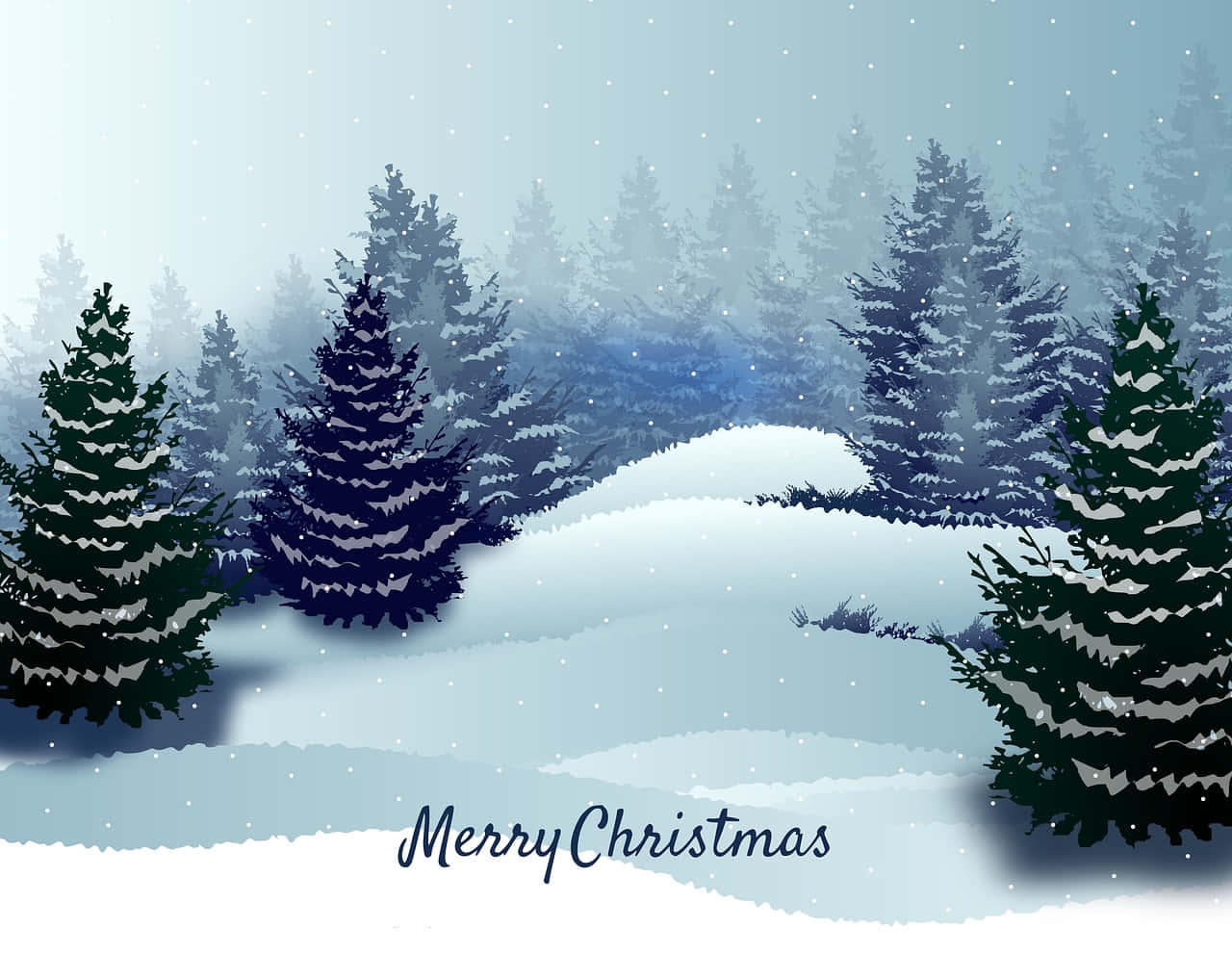 聖誕節 桌布 壁紙 — 白雪覆蓋著常綠樹，在柔和的藍天下，寧靜的冬季森林中雪花飄落。