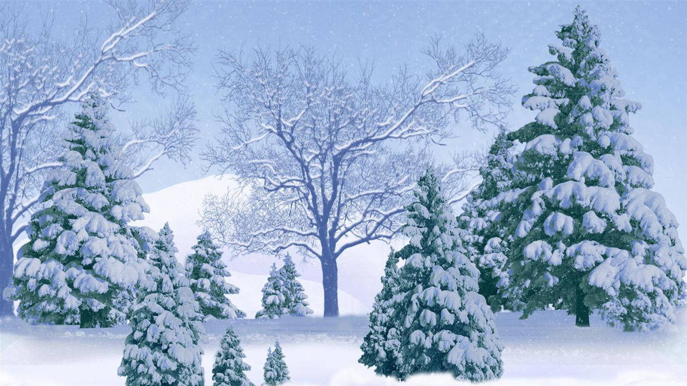 桌布 壁紙 — 白雪覆蓋著常綠樹和光禿的樹枝，在淡藍色的冬日天空下，雪花輕輕飄落。