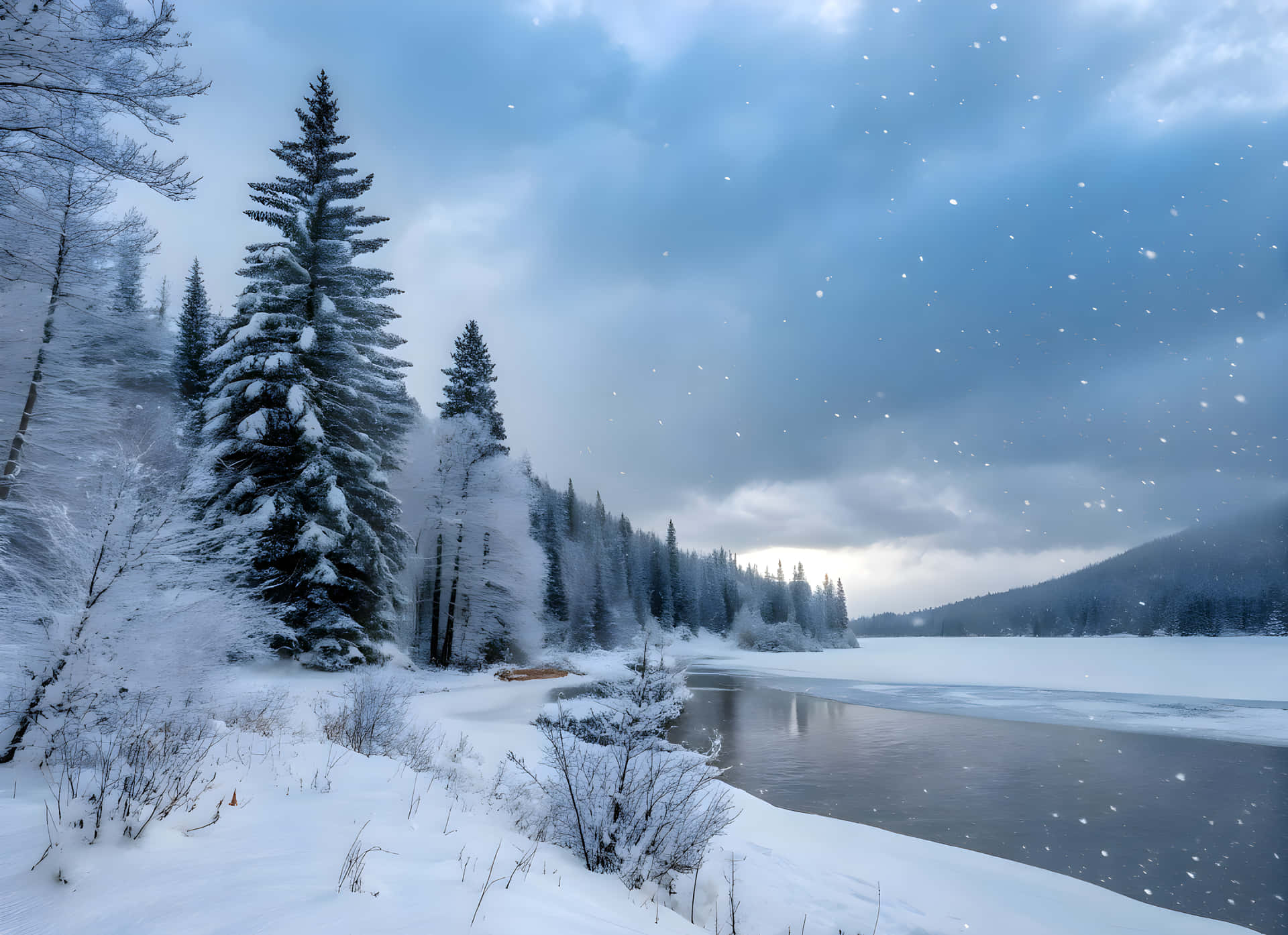 Winter tree and river 壁紙 — 白雪覆蓋著常綠樹和結冰的河流，天空多雲，雪花飄落。