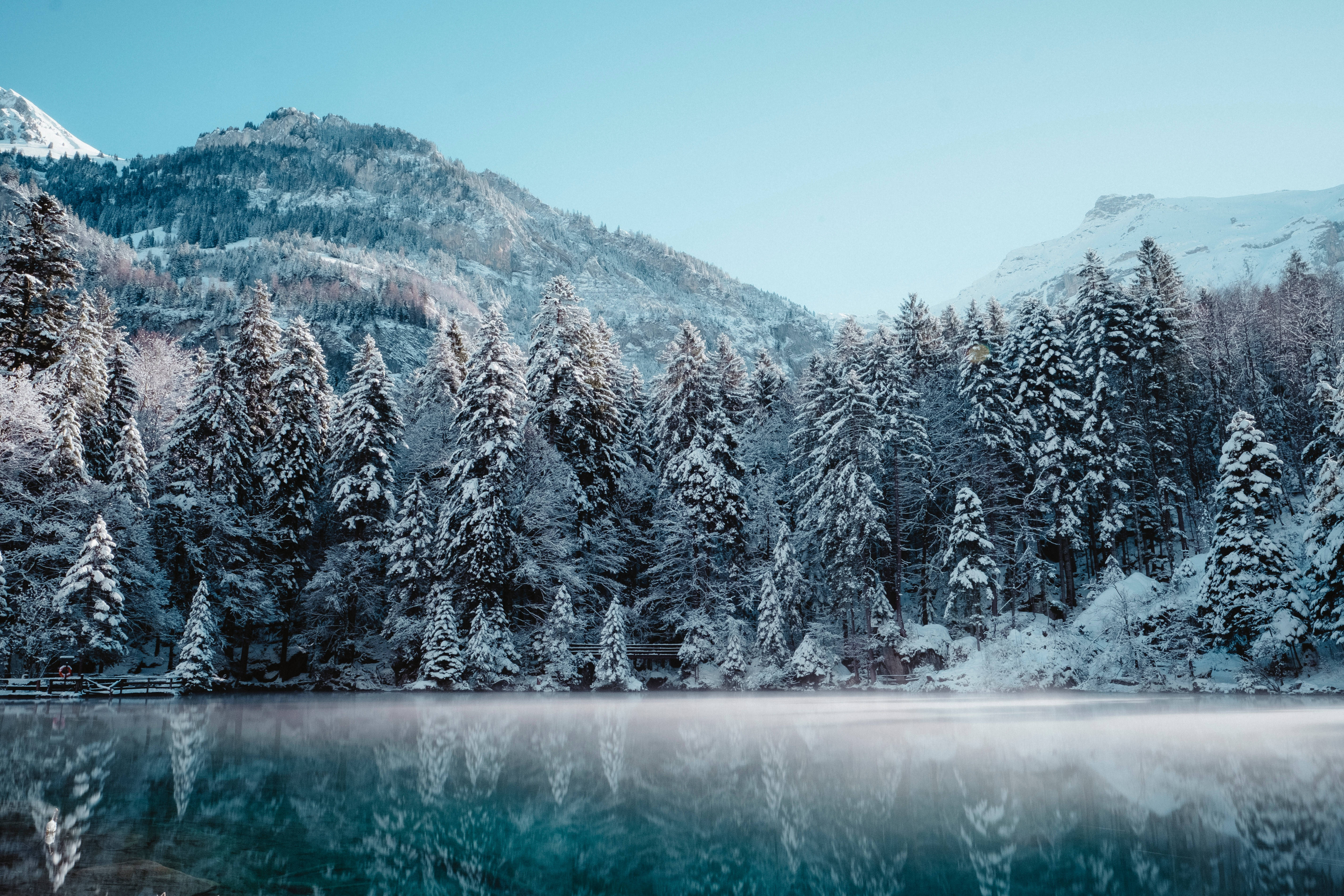 雪景 桌布 壁紙 — 白雪覆蓋著常綠樹木和山脈，倒映在平靜的藍綠色湖水中，天空清澈湛藍。