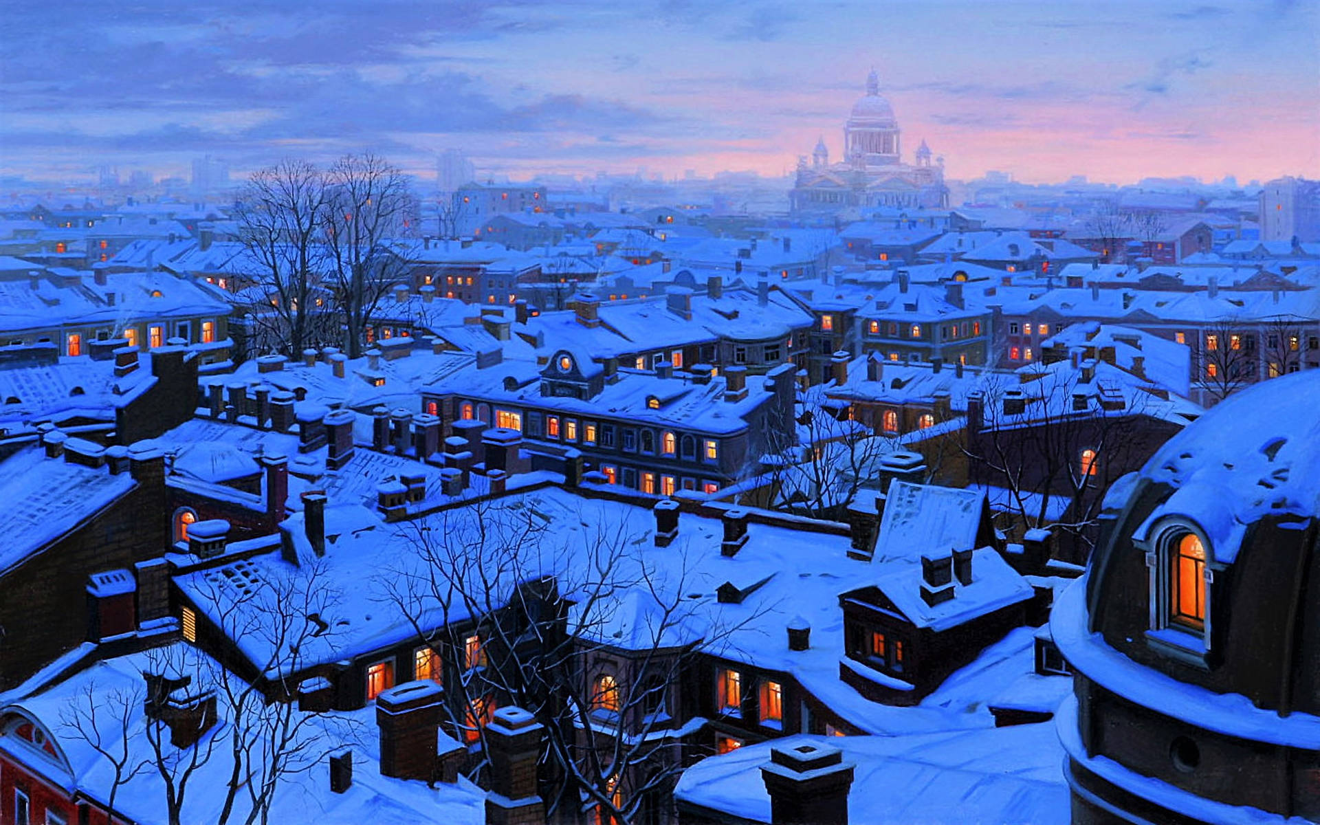 Saint Petersburg 桌布 壁紙 — 白雪覆蓋著暮色中的城市屋頂，溫暖的燈光從窗戶中透出，映襯著紫色和藍色的天空。