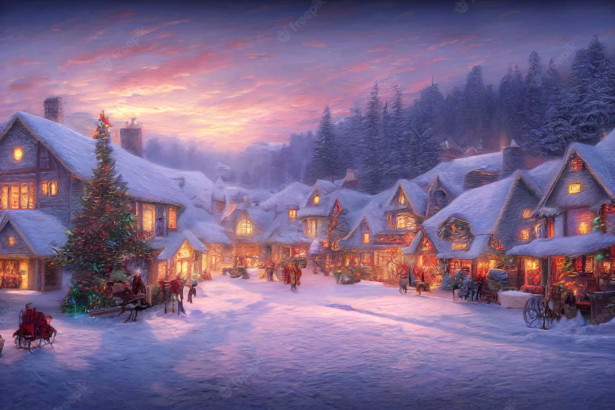Christmas Village 桌布 壁紙 — 白雪覆蓋著暮色中舒適的村莊，窗戶閃爍著光芒，還有一棵高聳的聖誕樹。