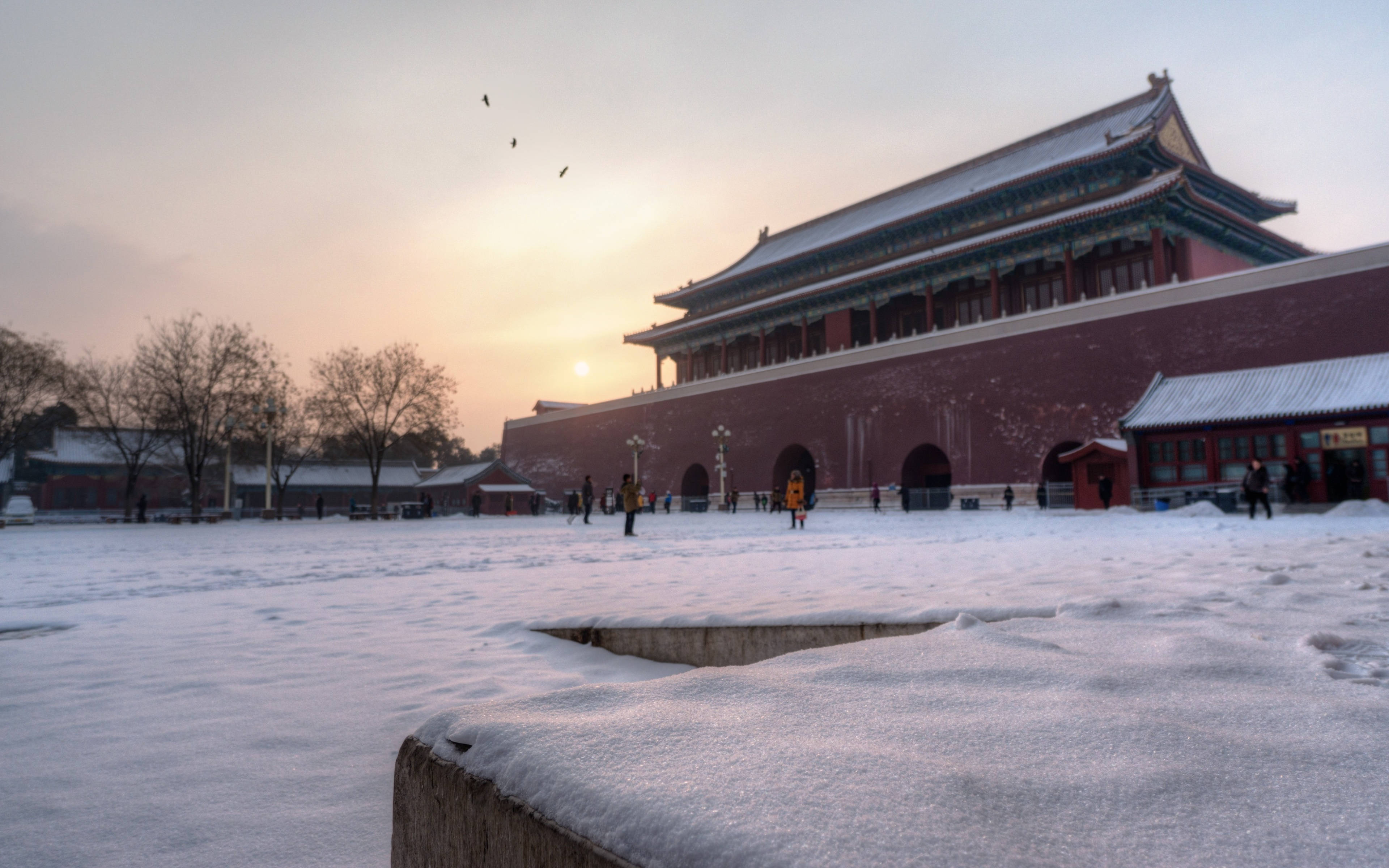 雪 桌布 壁紙 — 白雪覆蓋著歷史悠久的故宮庭院，太陽在古老的紅牆和光禿禿的樹木後升起。