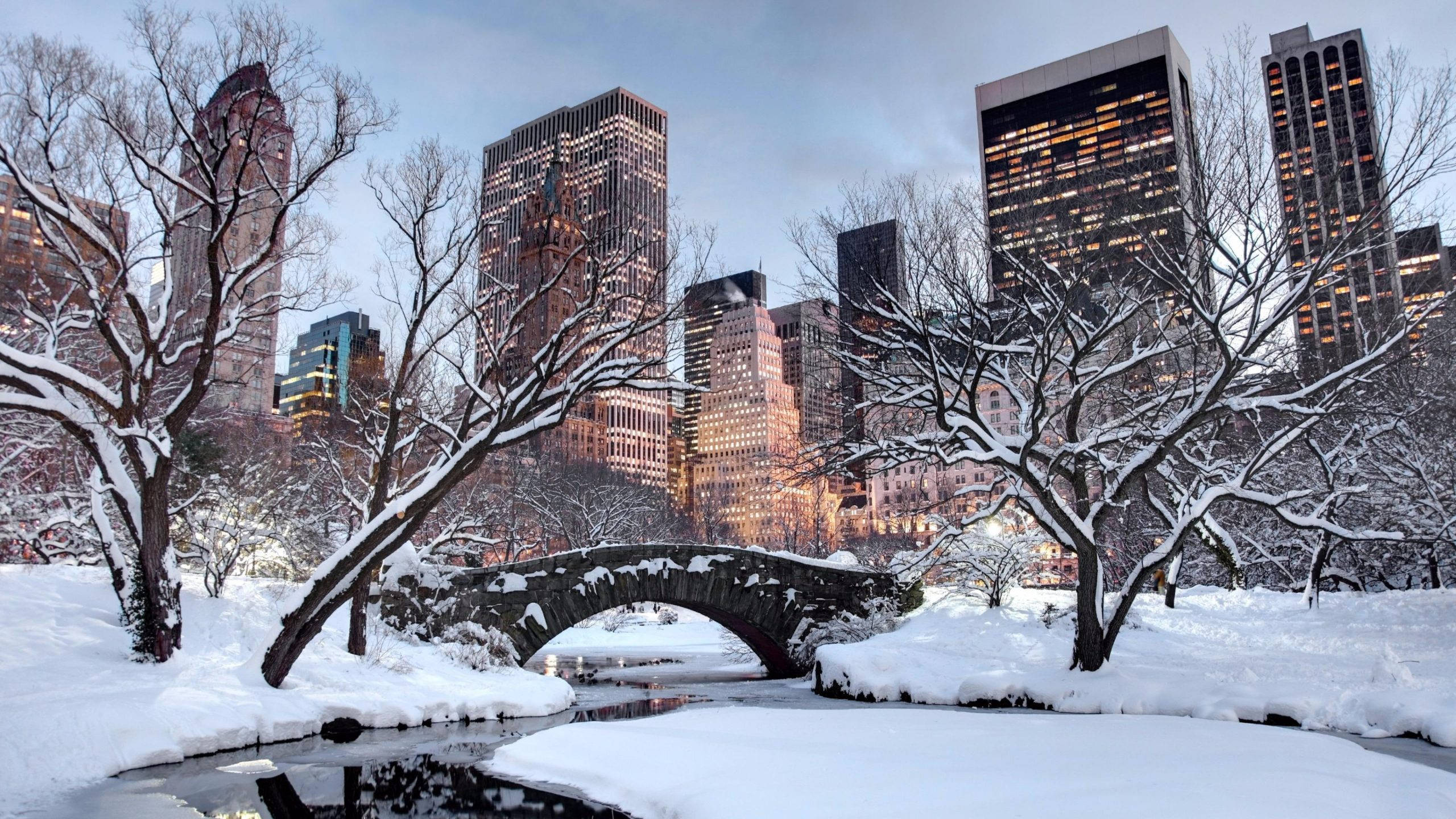 冬季美學 桌布 壁紙 — 白雪覆蓋著石橋和光禿禿的樹木，在城市公園中，摩天大樓在黃昏時分在它們身後發光。