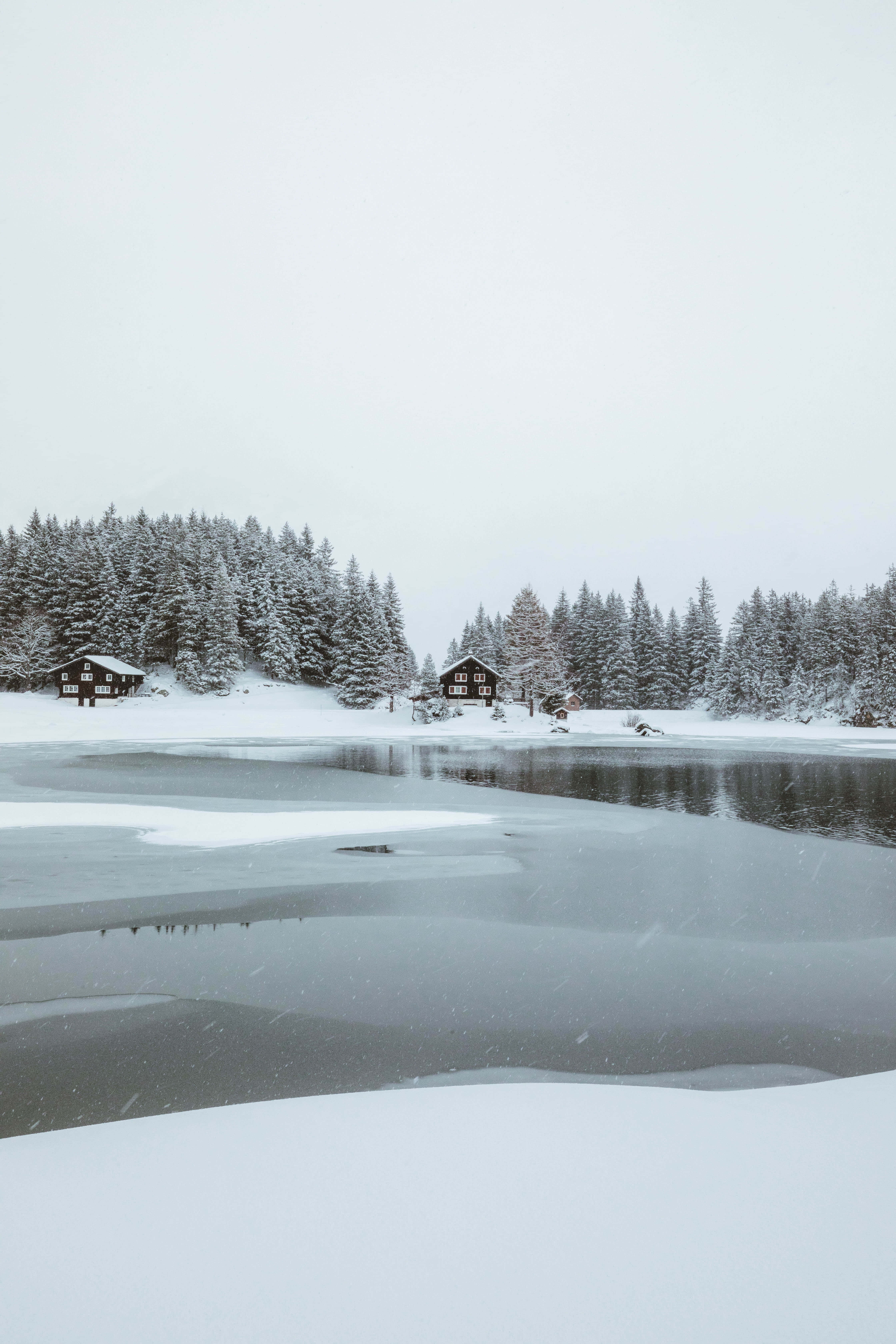 Winter 桌布 壁紙 — 白雪覆蓋著結冰的湖面，兩間小屋隱藏在常綠樹林中，天空多雲。
