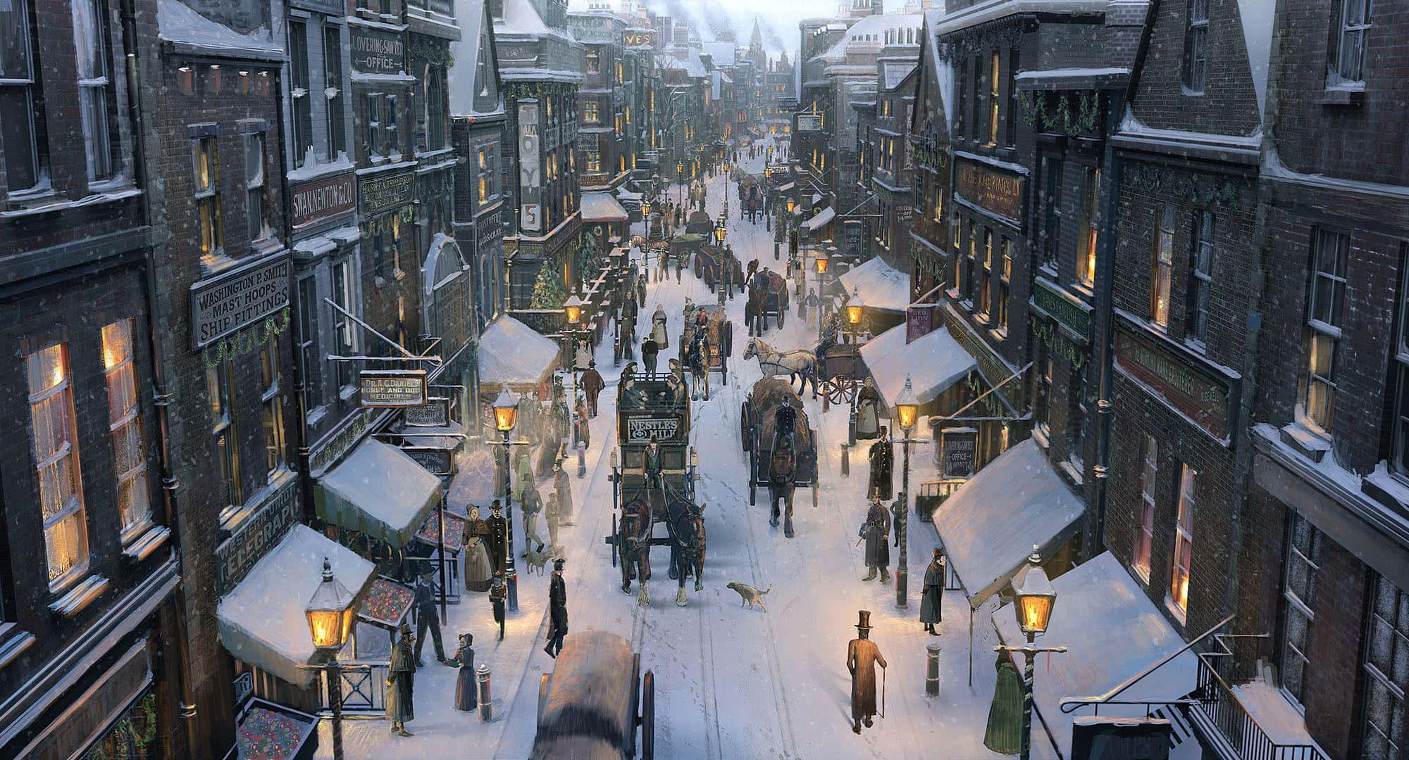 Winter Cityscape 桌布 壁紙 — 白雪覆蓋著維多利亞時代繁華的街道，黃昏時分，燈籠閃爍，馬車穿梭。