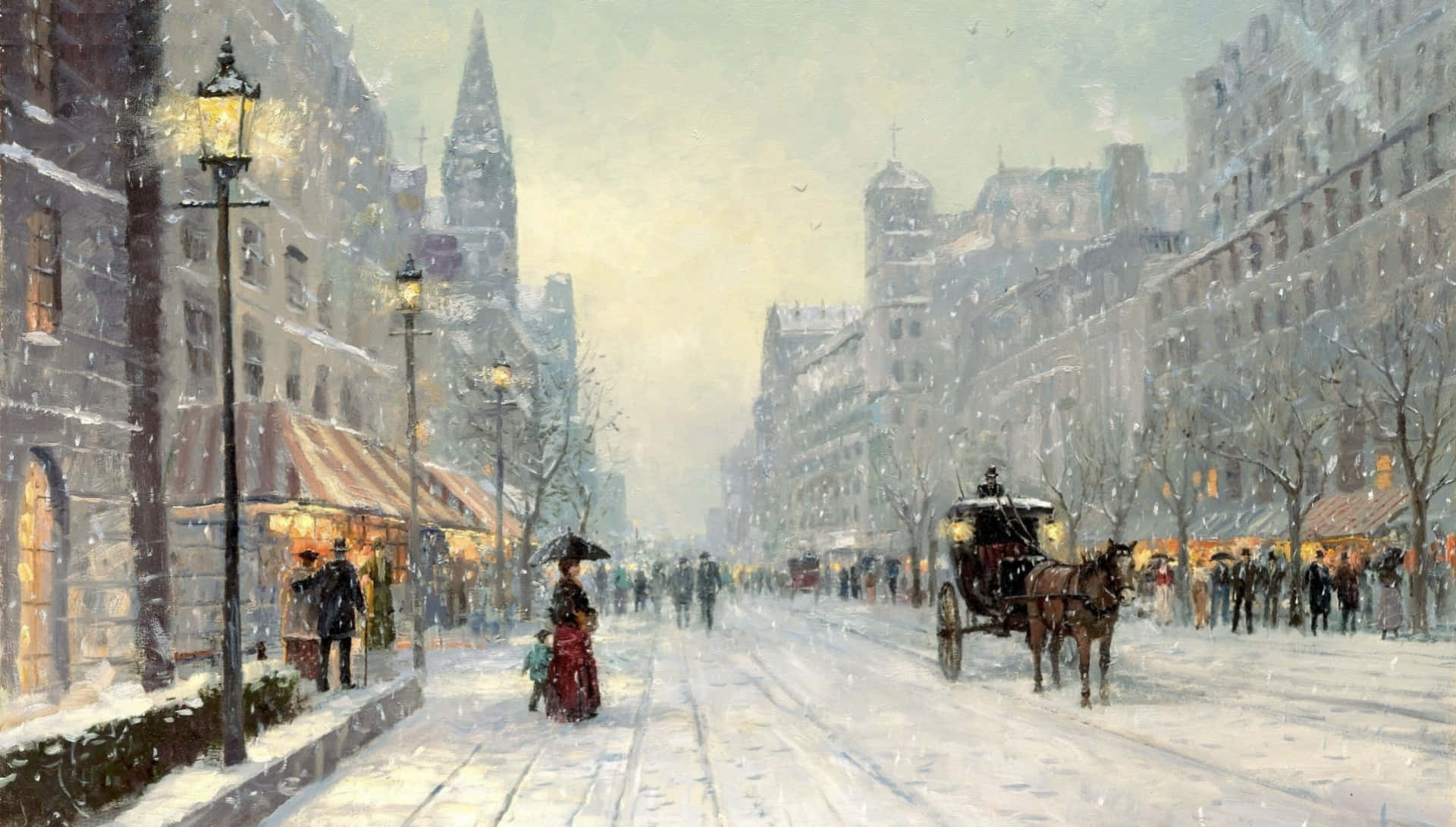 Classic Art 桌布 壁紙 — 白雪覆蓋著繁華的城市街道，馬車和行人在閃爍的煤氣燈下穿梭於冬日場景中。