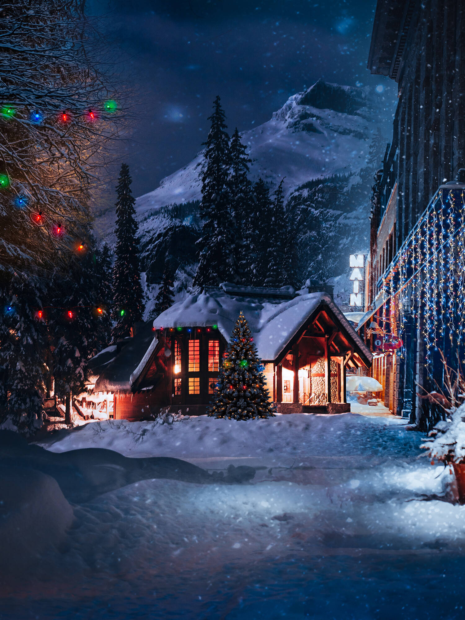 Snowy Christmas 桌布 壁紙 — 白雪覆蓋著舒適的木屋和街道，夜晚星空下飄雪，彩燈閃爍。