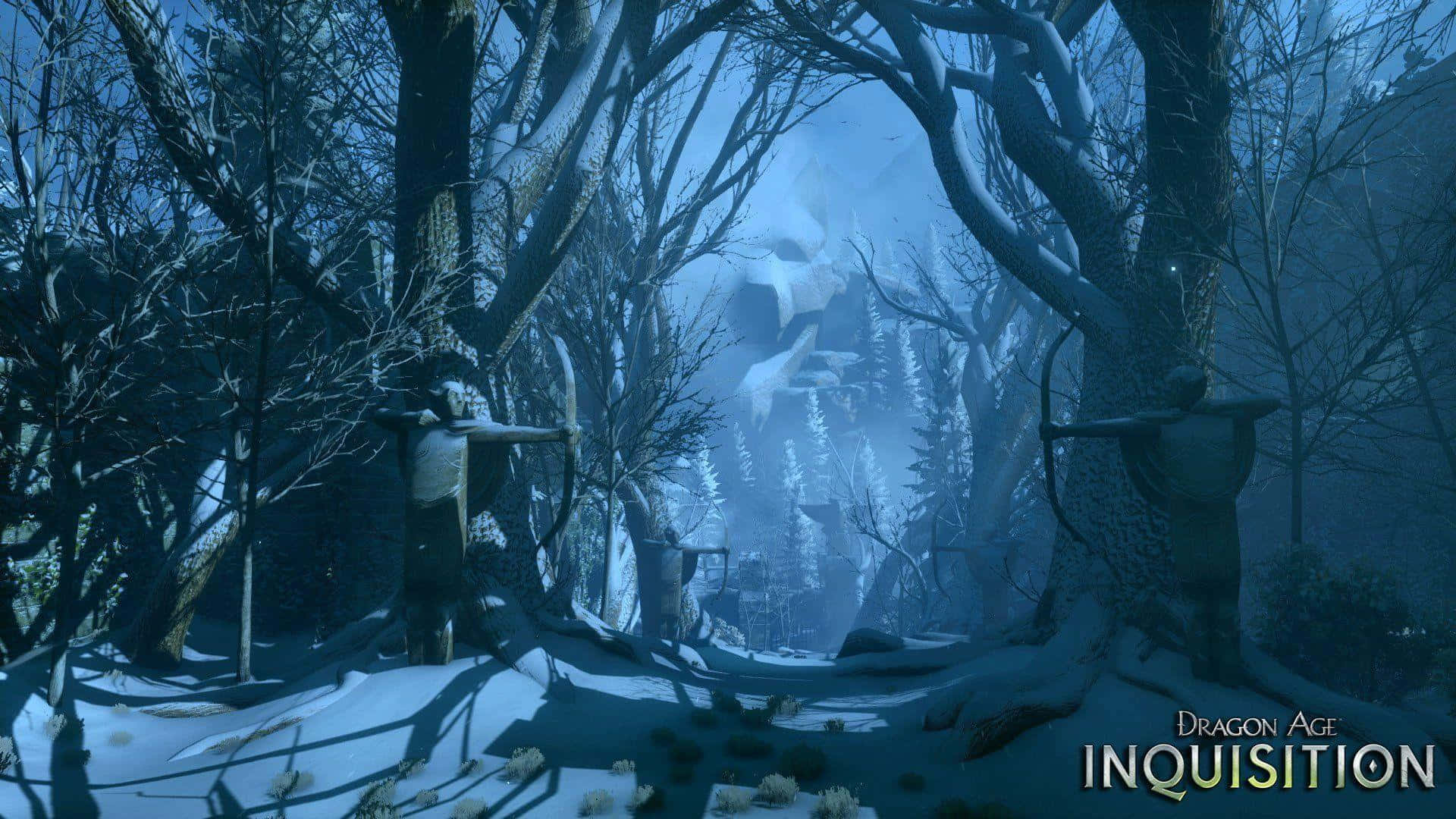 Best Dragon Age Inquisition 桌布 壁紙 — 白雪覆蓋著迷霧森林中扭曲的樹木，兩位弓箭手在寒冷的藍天下守衛。