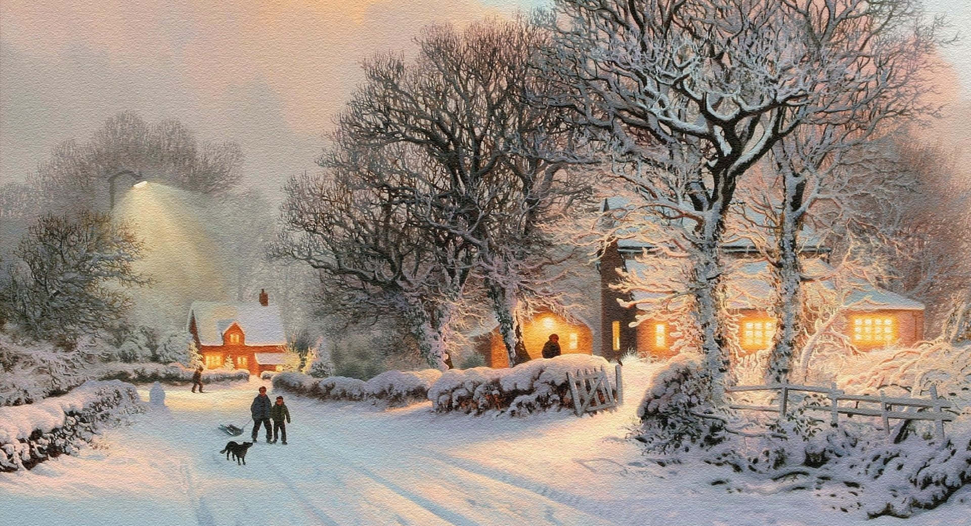 Snowy Village 桌布 壁紙 — 白雪覆蓋著黃昏時分的寧靜村莊，溫暖的燈光從家中閃爍，人影帶著狗沿著雪徑行走。