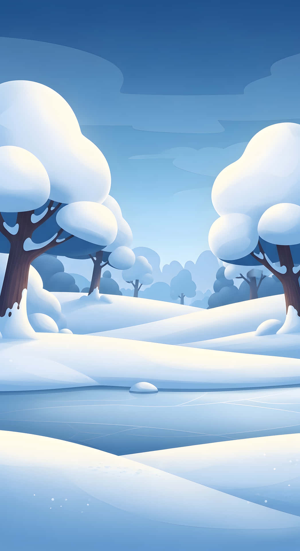 Snow Winter Landscape peaceful and serene cartoon vector illustration 壁紙 — 白雪覆蓋連綿起伏的山丘和樹木，在清澈的藍天下呈現寧靜的冬季景觀。