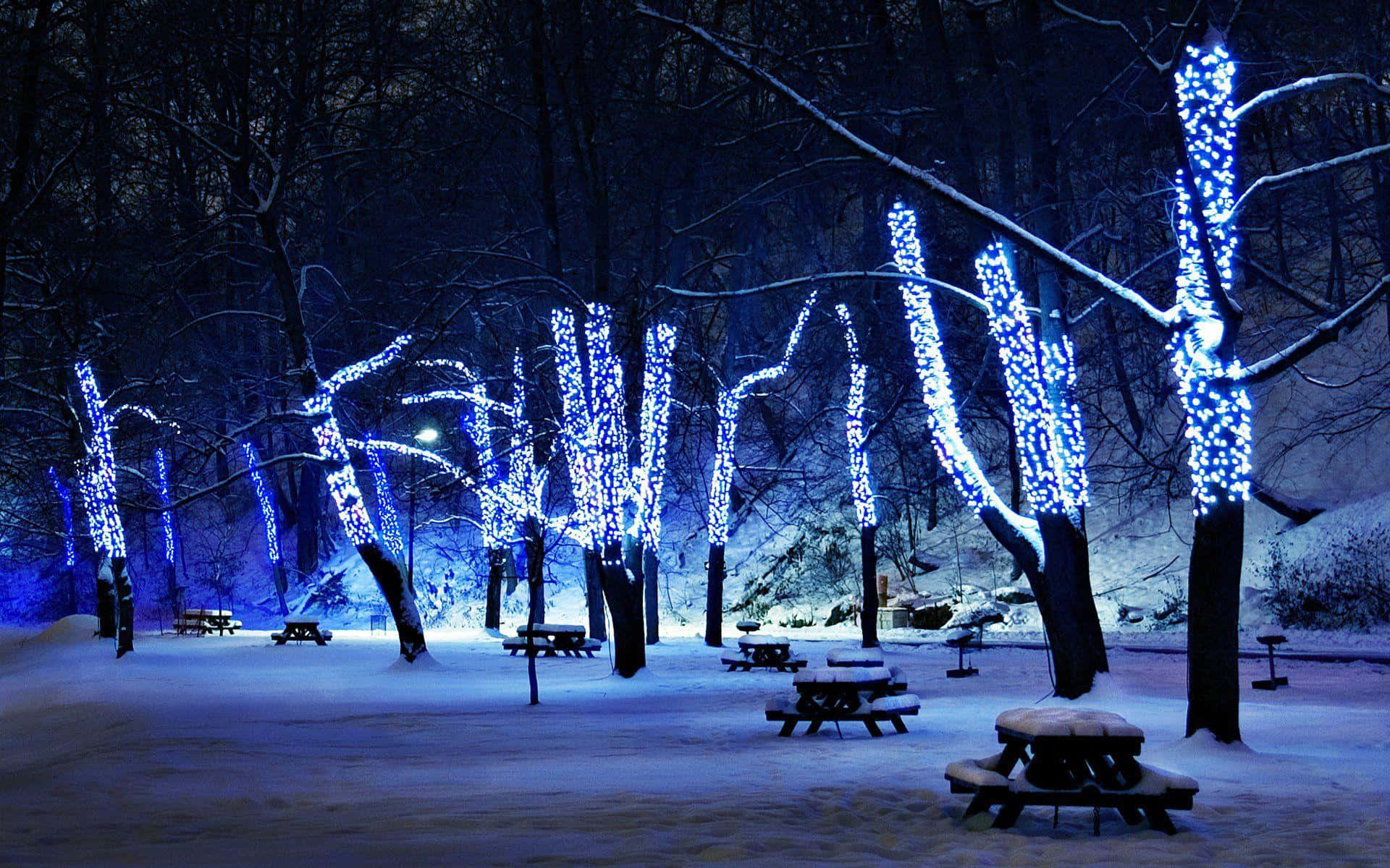 雪 桌布 壁紙 — 白雪覆蓋野餐桌，在閃爍的藍色燈光下，於冬夜公園中營造出夢幻氛圍。