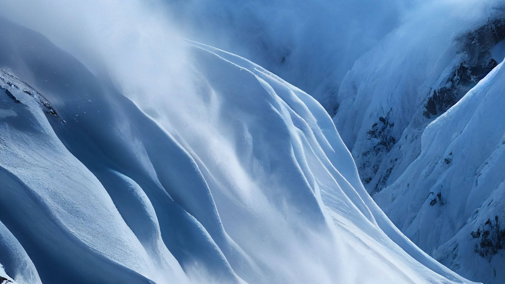 iPhone 桌布 壁紙 — 白雪覆蓋陡峭的山坡，營造出寧靜的冬日景象，帶有柔和的藍色調和飄浮的薄霧。