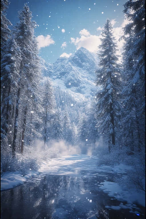 Realistic Winter Mountain Landscape 壁紙 — 白雪覆蓋高聳的松樹和結冰的河流，明亮的藍天下雪花飄落。