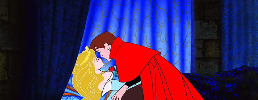 sleeping beauty 桌布 壁紙 — 白馬王子在石城堡房間的藍色圖案窗簾下親吻睡美人。