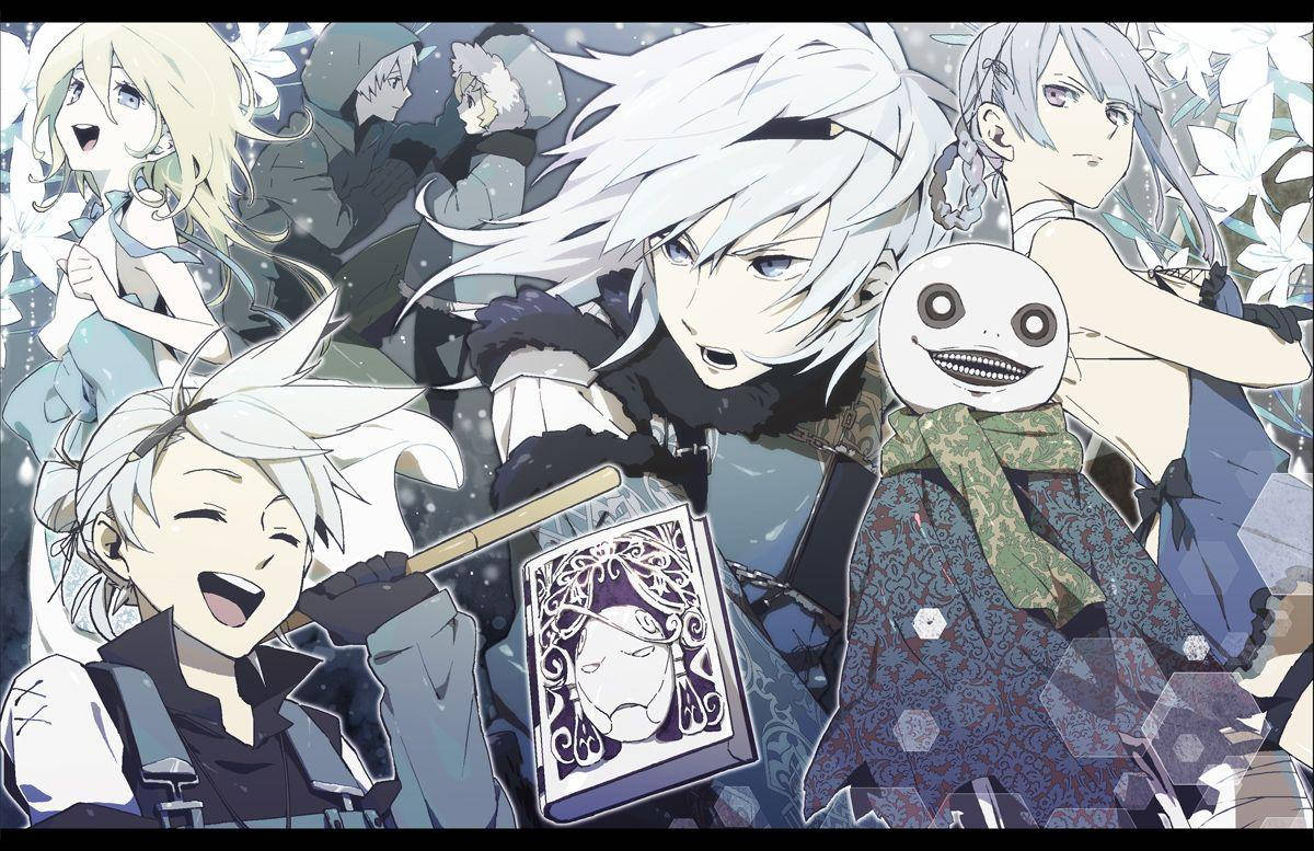 Nier 桌布 壁紙 — 白髮且表情豐富的動漫角色聚集在飄落的雪花和花卉圖案中。